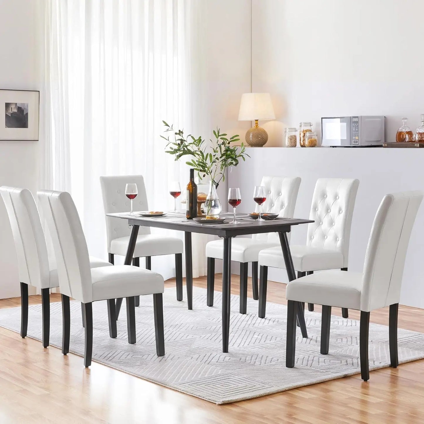 Set of 6 Leather Dining Chairs – Tufted Modern Design with Wood Legs
