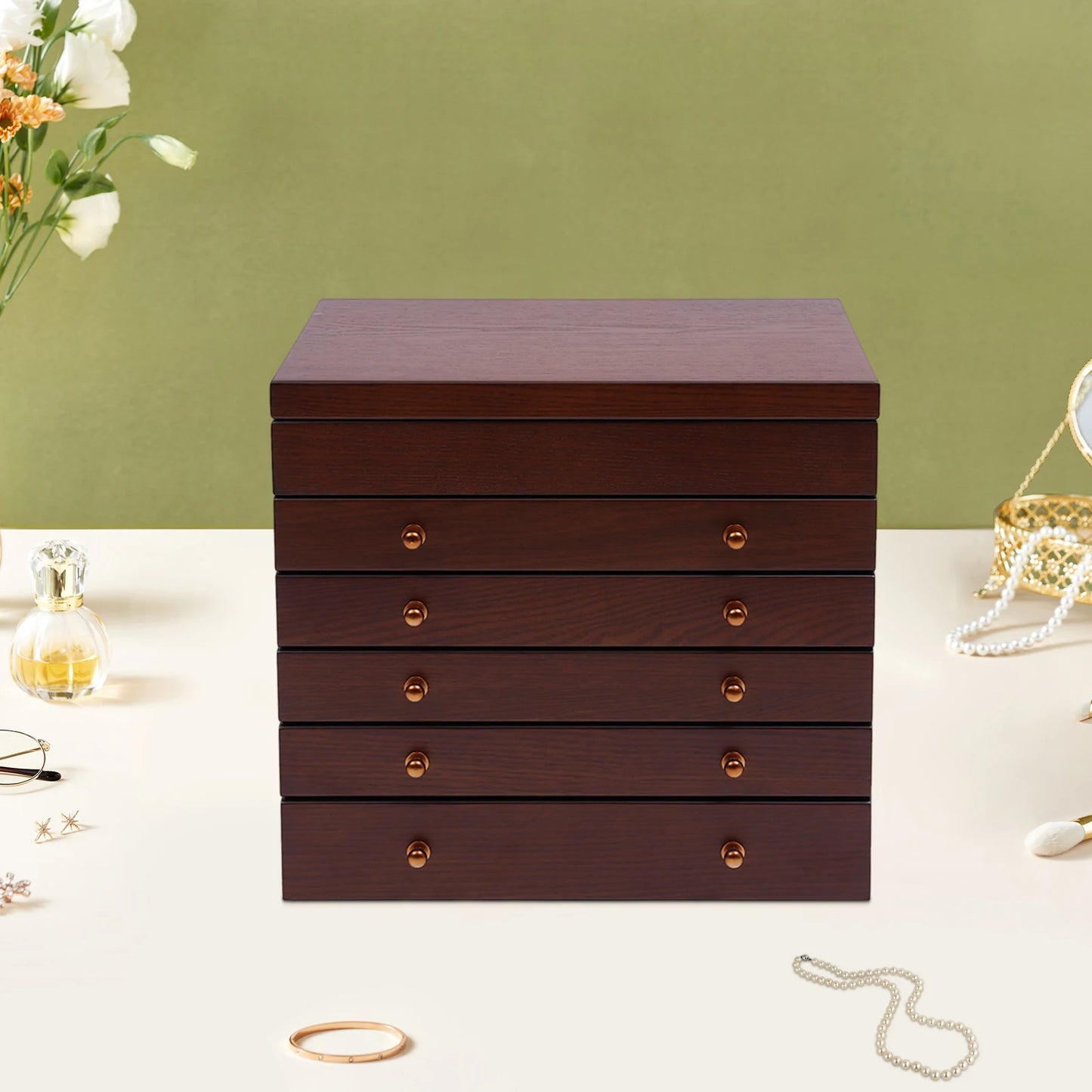 6‑Layer Wooden Jewelry Box with Mirror