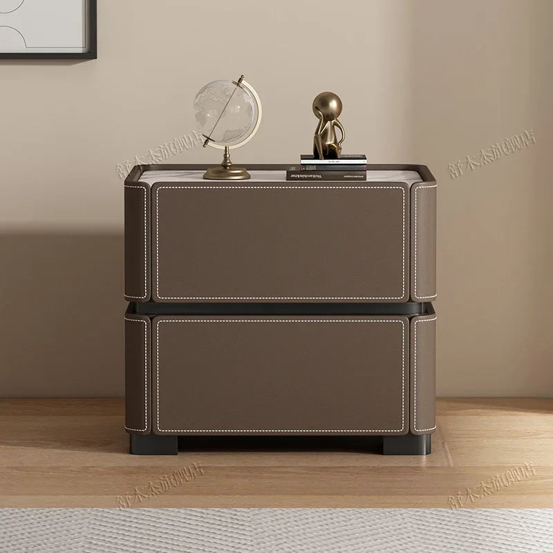 Italian Luxury Nightstand – Modern Wood and Leather Bedside Table with Storage Drawers