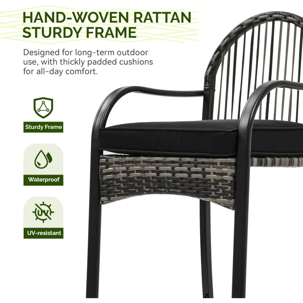 3-Piece Outdoor Wicker Bar Height Set with Cushioned Barstools, Patio Bistro Furniture for Balcony and Poolside