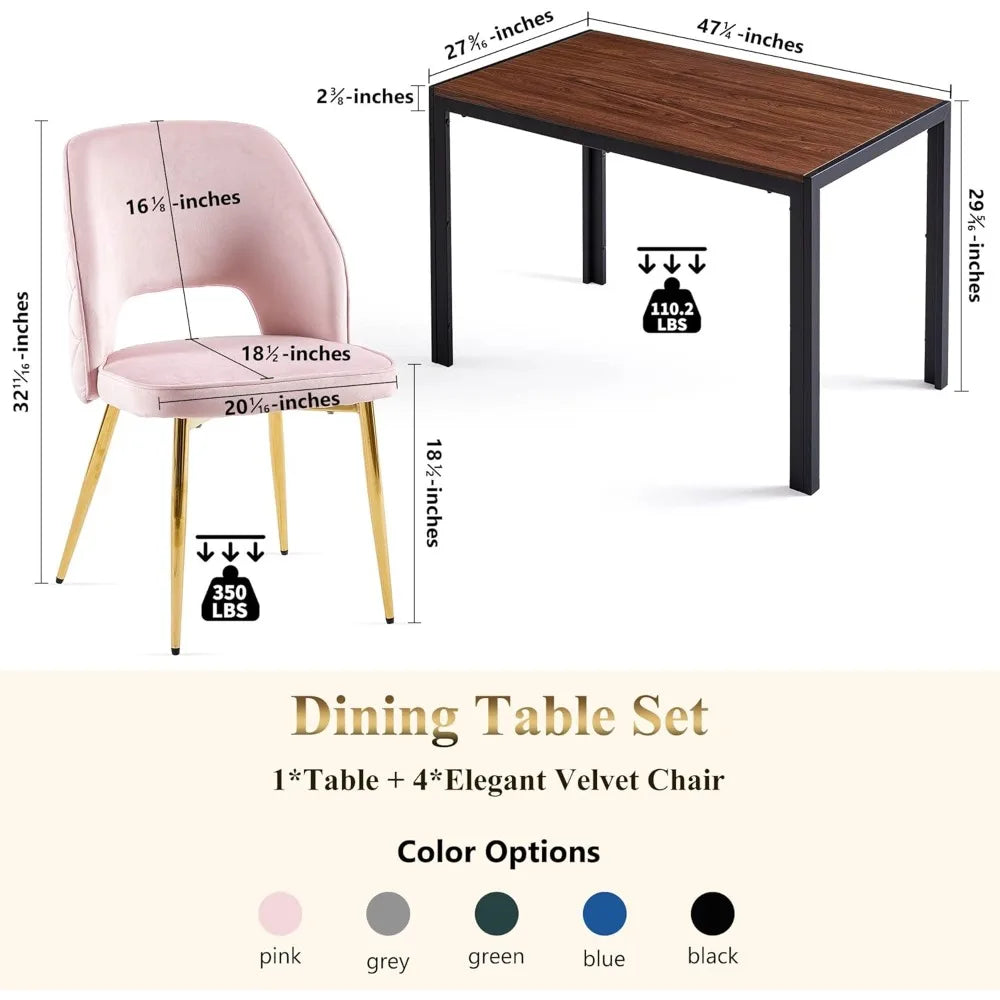 Walnut Round Dining Set with Velvet Chairs – 5-Piece Gold-Leg Table and Chair Set
