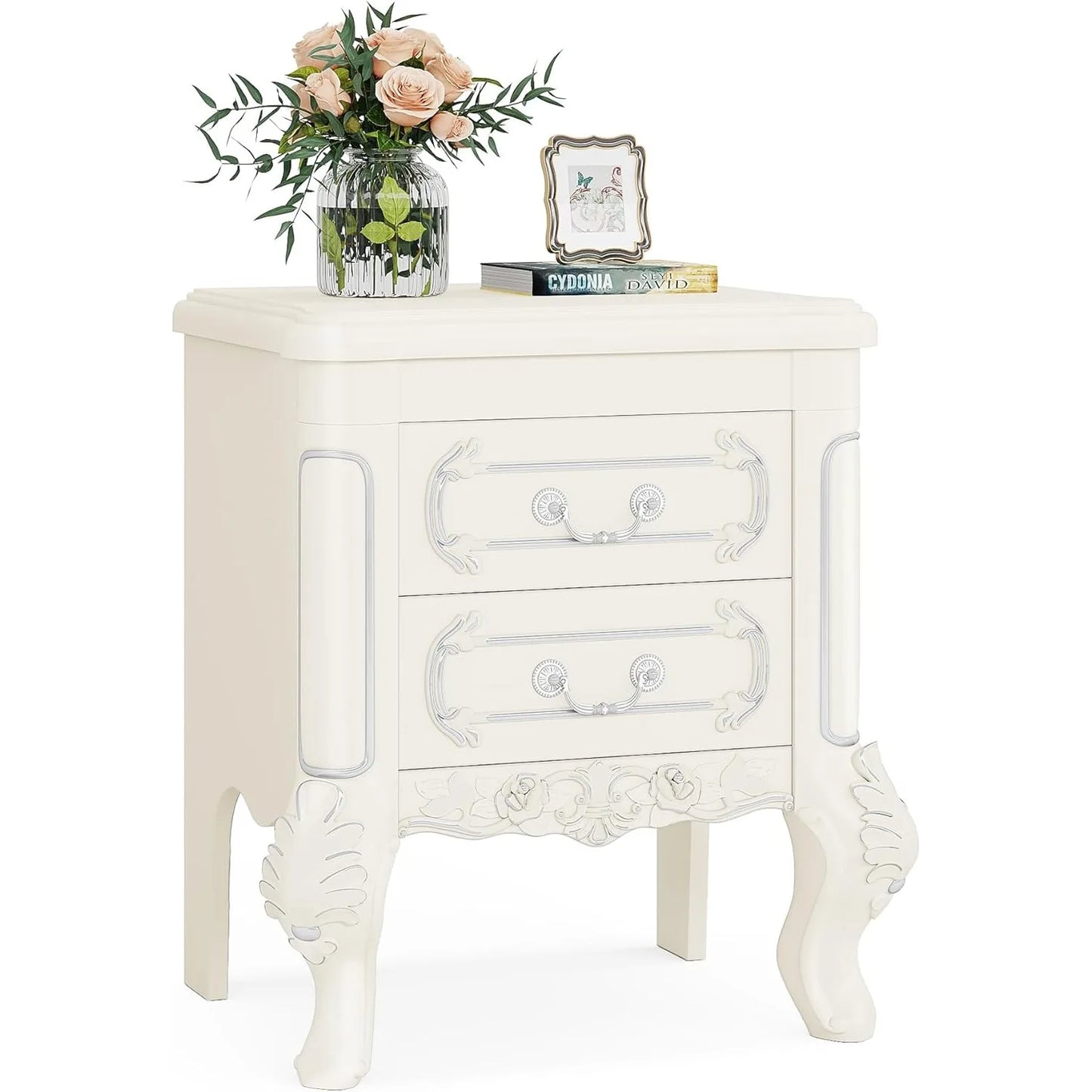 White Carved Nightstand