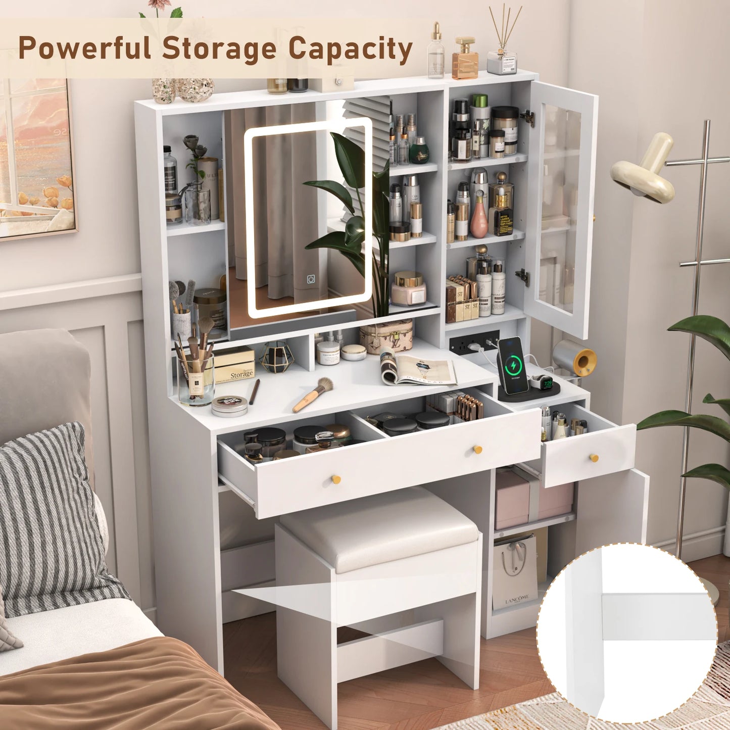 Large white dressing table set with dressing chair
