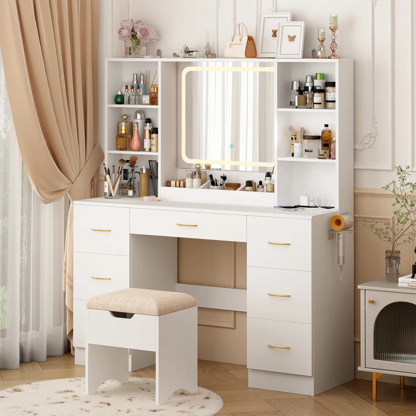 Large dressing table with mirror, lights and bench