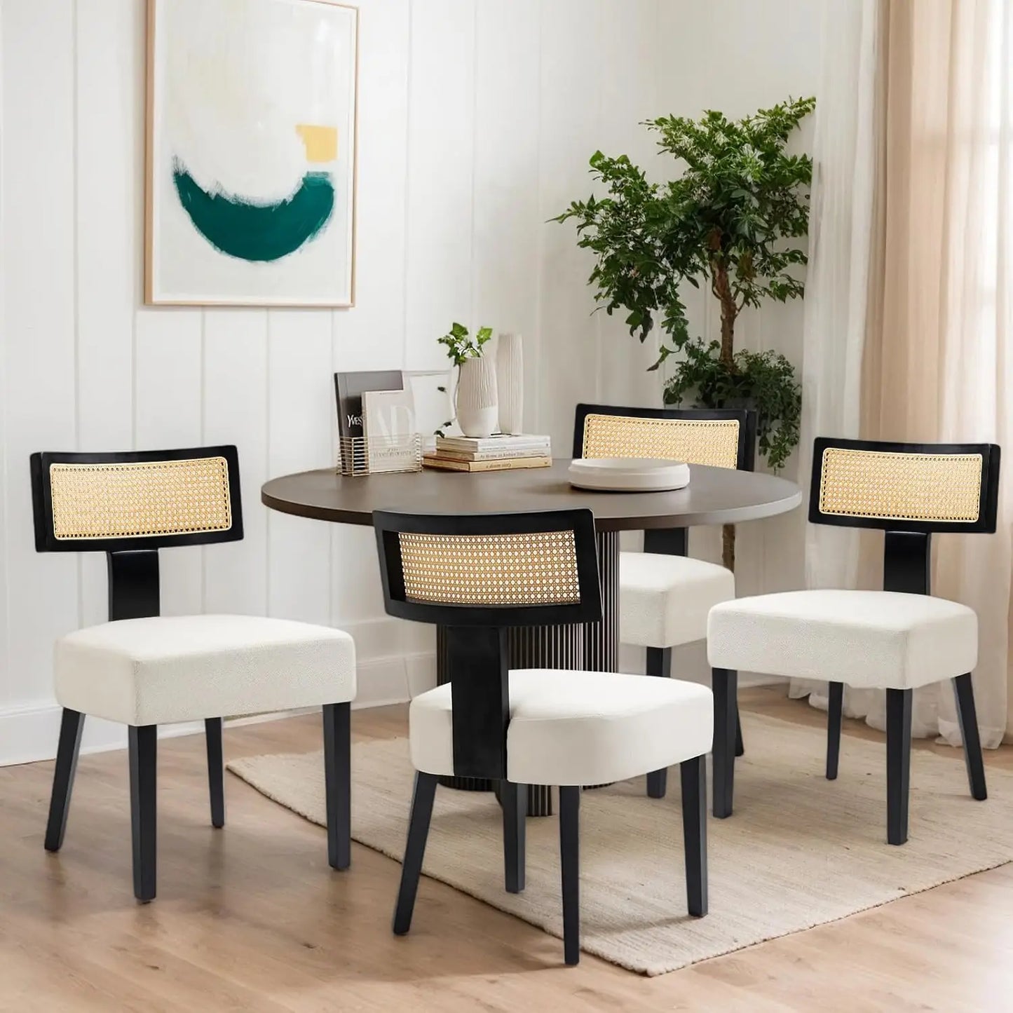 Rattan Dining Chair Set – 4-Piece Modern Cane Back with Upholstered Seat