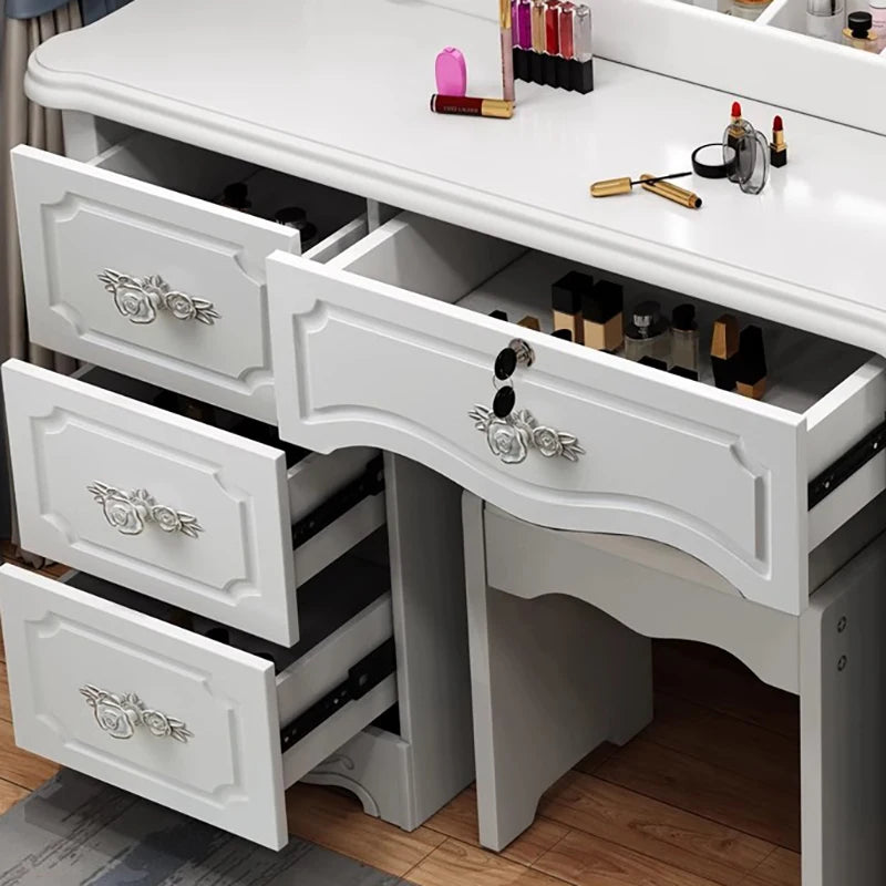 Luxury Nordic Vanity Table with Mirror & Stool – Classic Storage Dresser