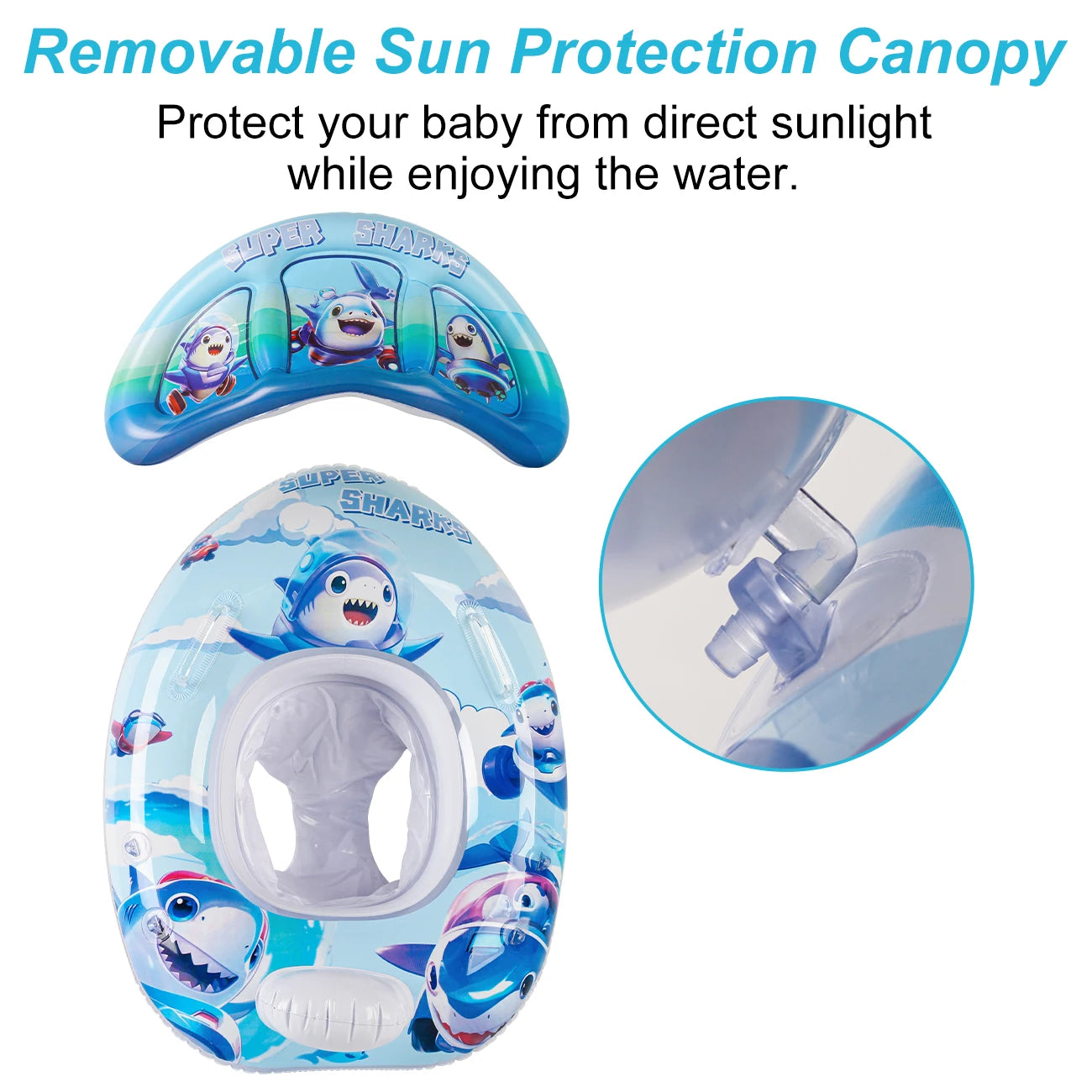 Booster swim float with seat and canopy and inflatable swim ring