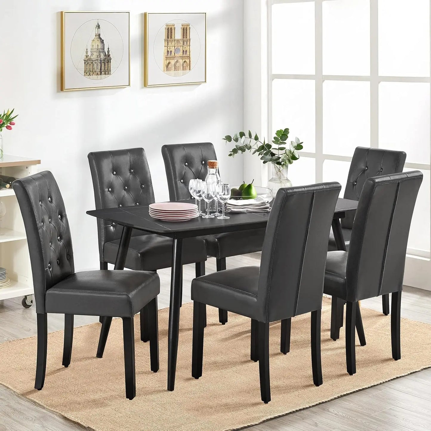 Set of 6 Leather Dining Chairs – Tufted Modern Design with Wood Legs