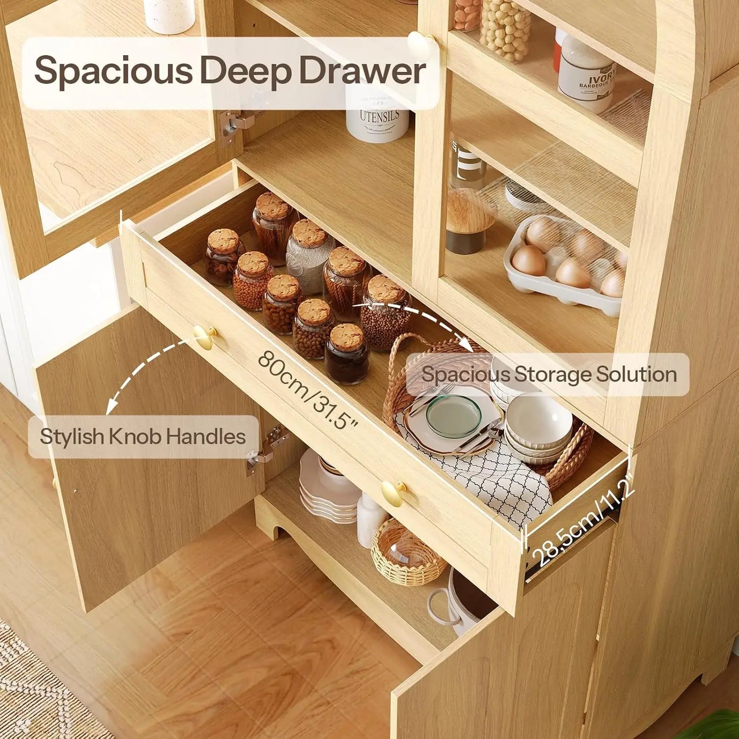 Arched Kitchen Pantry Cabinet – 71" Tall Farmhouse Storage with Glass Doors & Adjustable Shelves