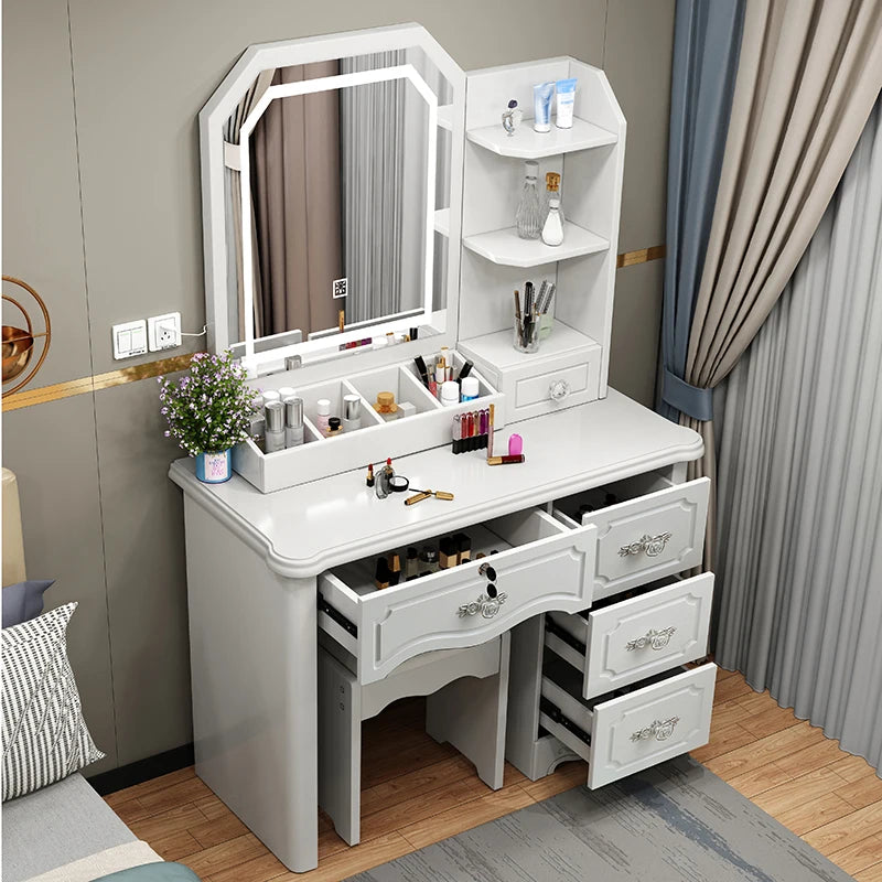 Luxury Nordic Vanity Table with Mirror & Stool – Classic Storage Dresser