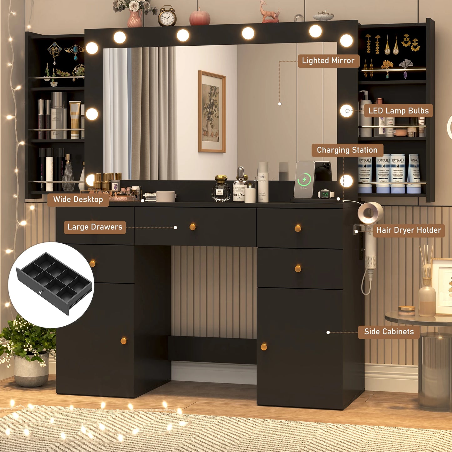 Dressing table with lighted mirror and power outlet