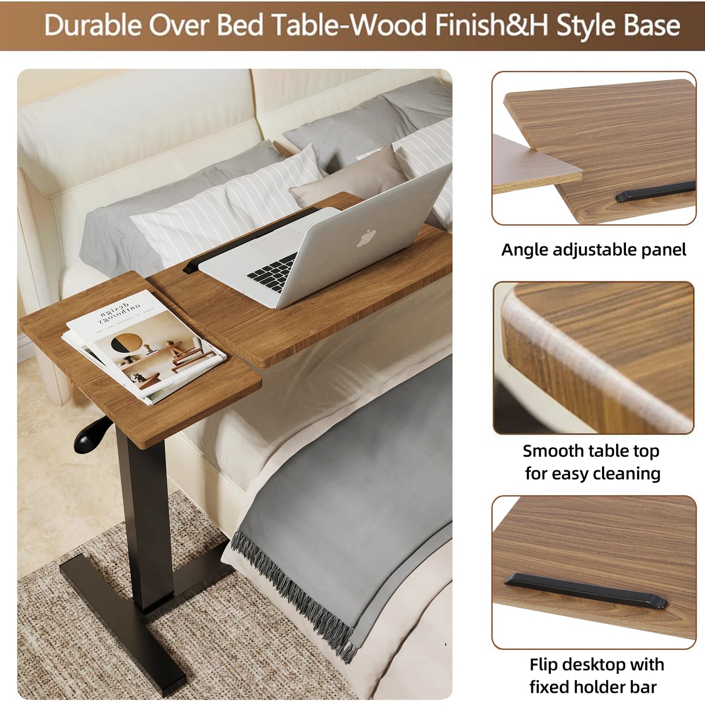 Adjustable Overbed Laptop Table with Hidden Wheels