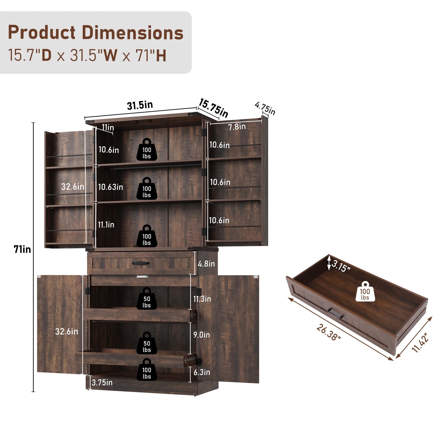 Kitchen Pantry Cabinet with 3 Drawers with 6 Barn Door