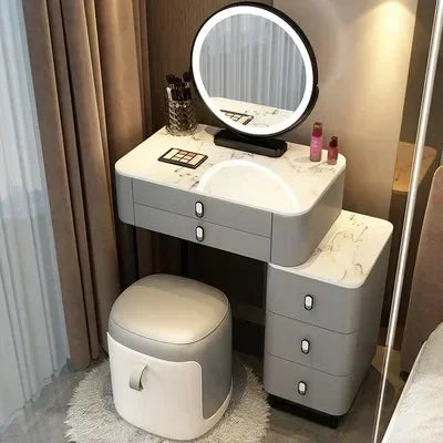 Simple Nordic Vanity Table – Classic Makeup Desk with Mirror & Stool
