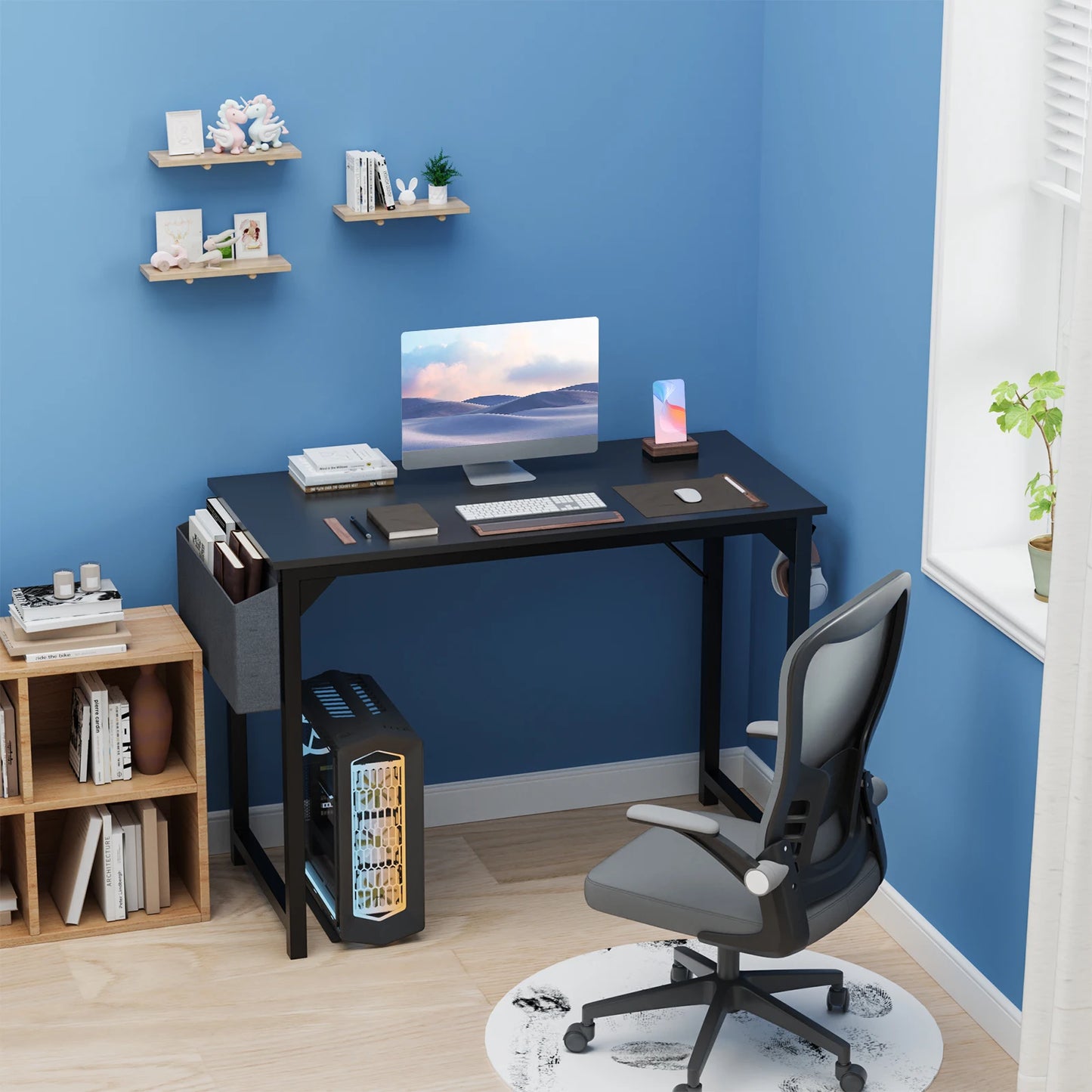 Modern Computer Desk with Side Bag and Headphone Hook