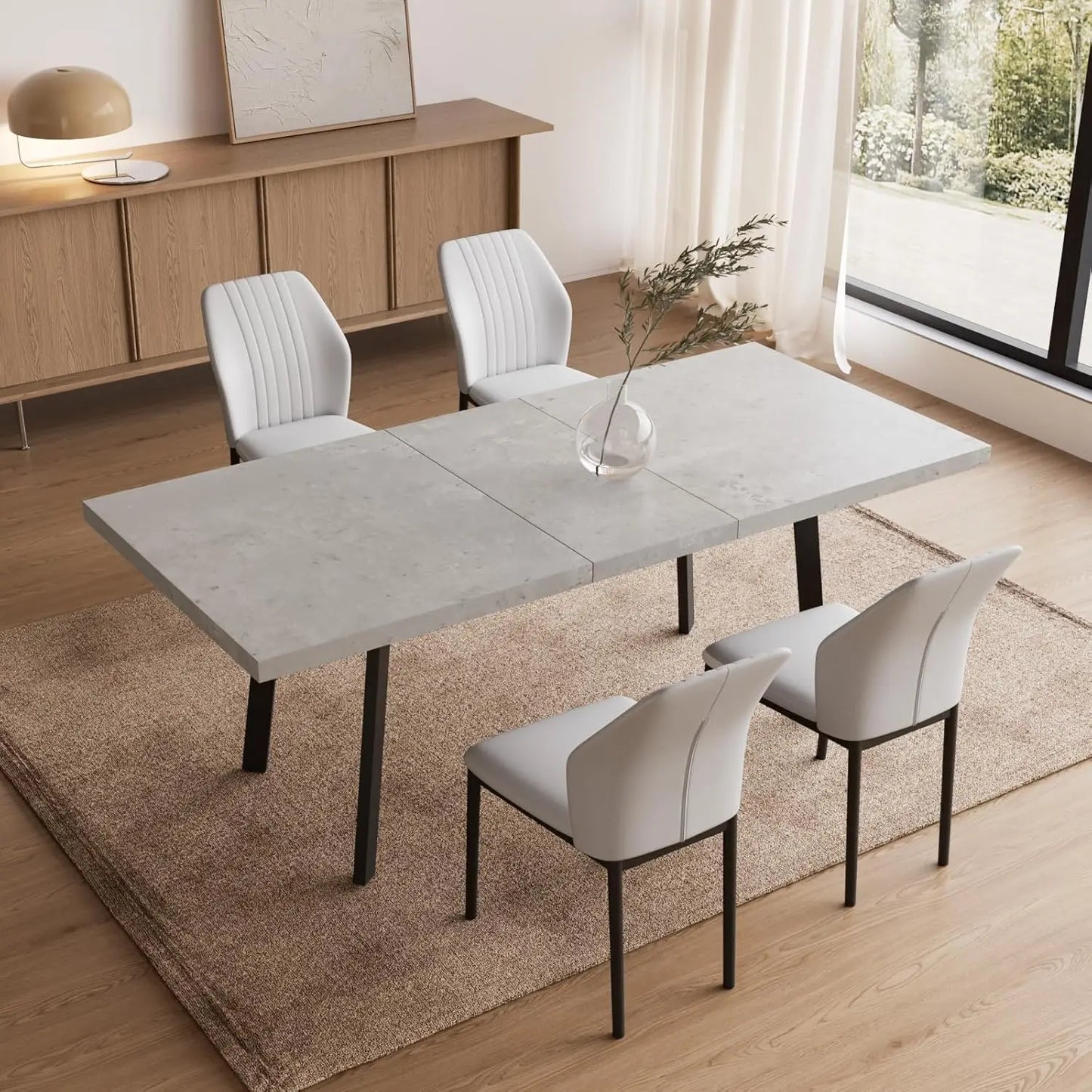 Expandable Dining Table Set – 6-Seater Modern MDF Table with PU Leather Chairs