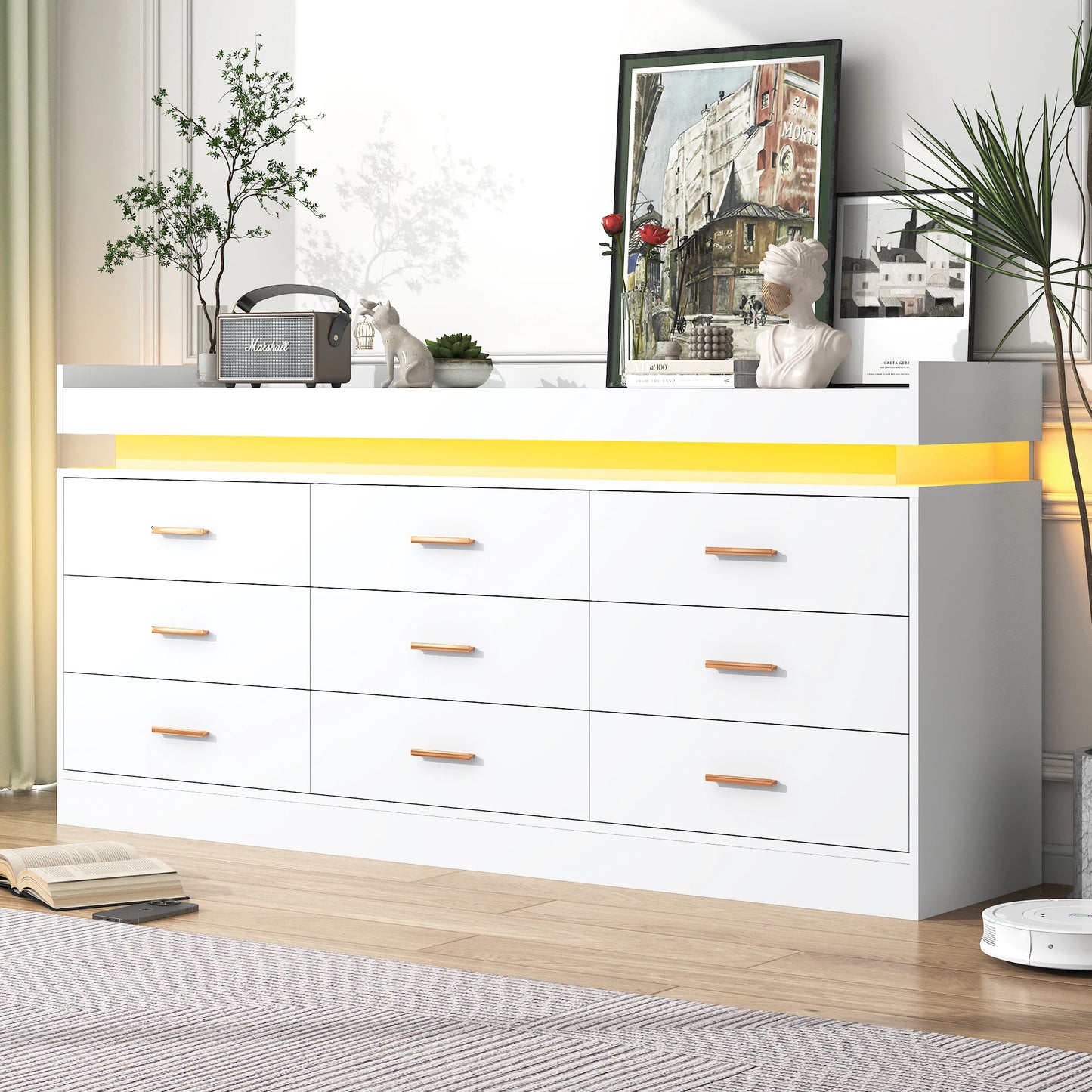 9-drawer chest with LED lighting and charging station