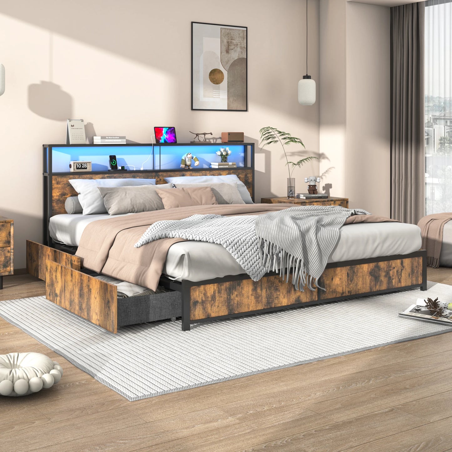 King Size Bed Frame with LED Lights and Charging Base