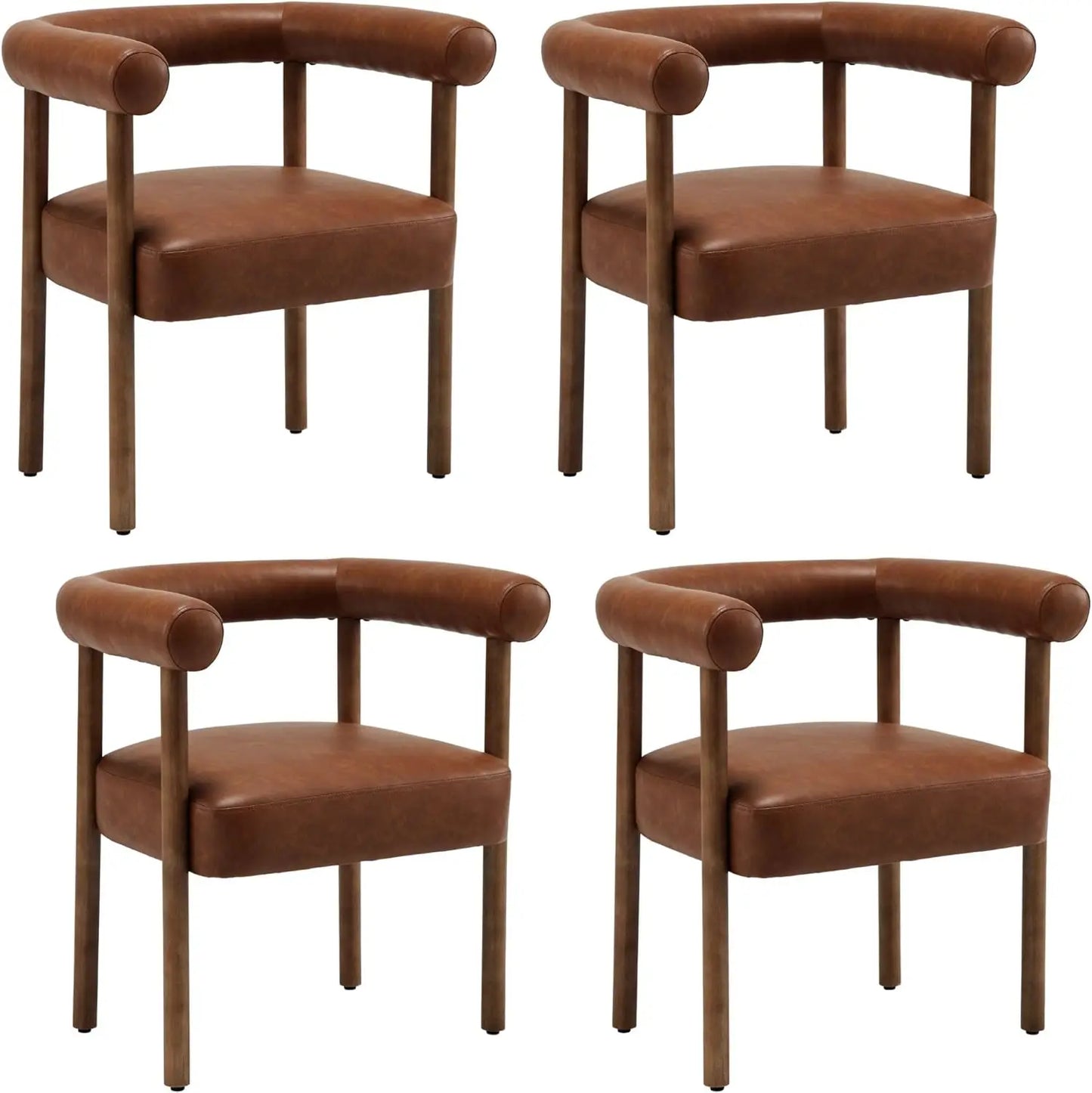 Mid-Century Barrel Dining Chairs – Set of 4 Curved Upholstered Armchairs with Wooden Legs