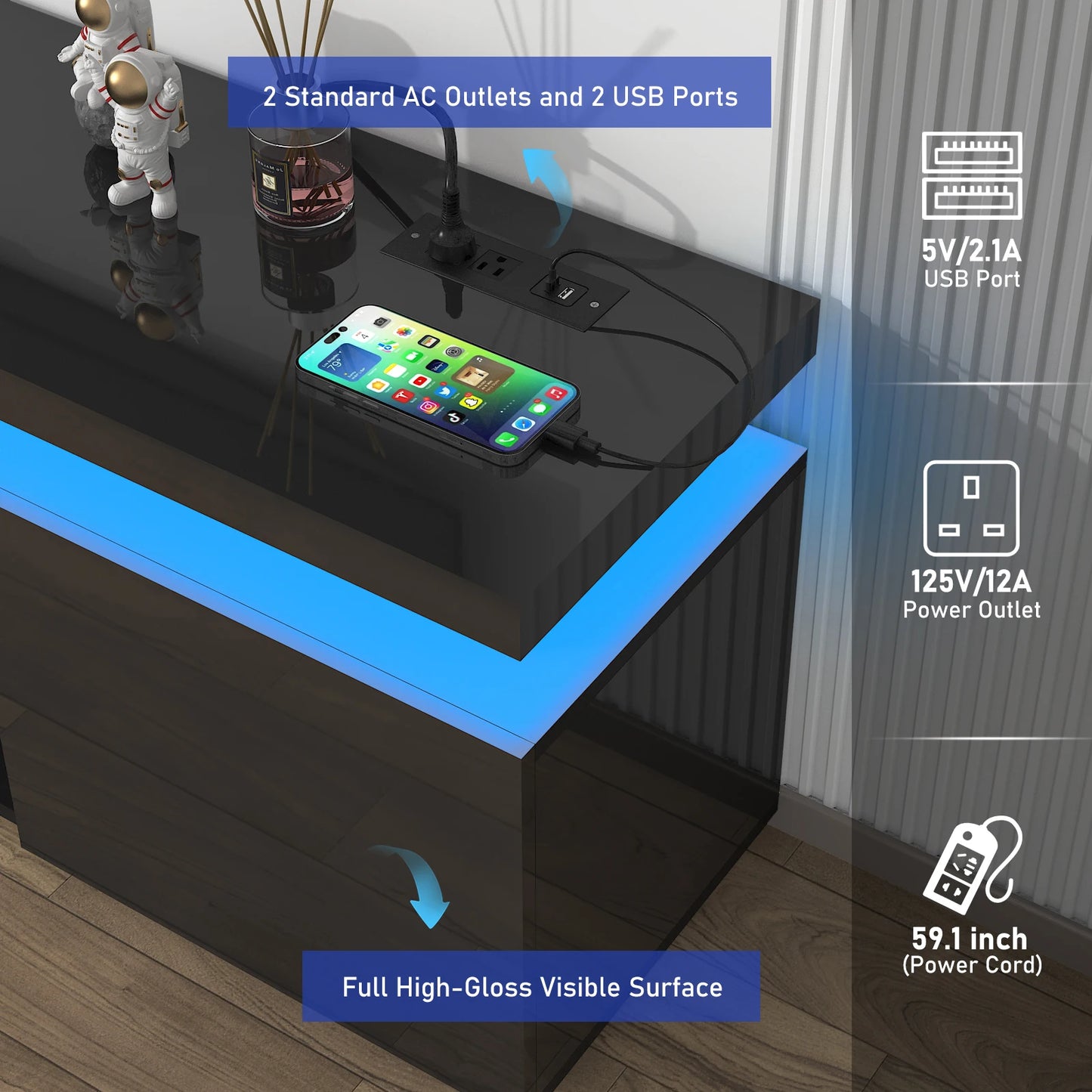 Glossy TV cabinet with power outlet