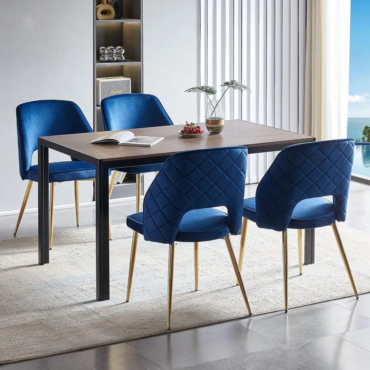 Walnut Round Dining Set with Velvet Chairs – 5-Piece Gold-Leg Table and Chair Set