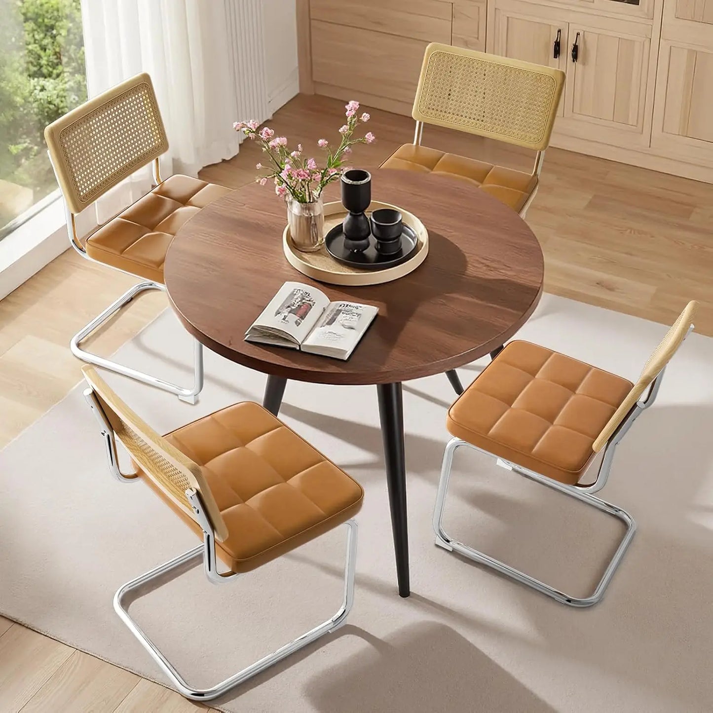 Set of 4 Rattan Dining Chairs – Faux Leather Seat with Cane Back and Metal Legs