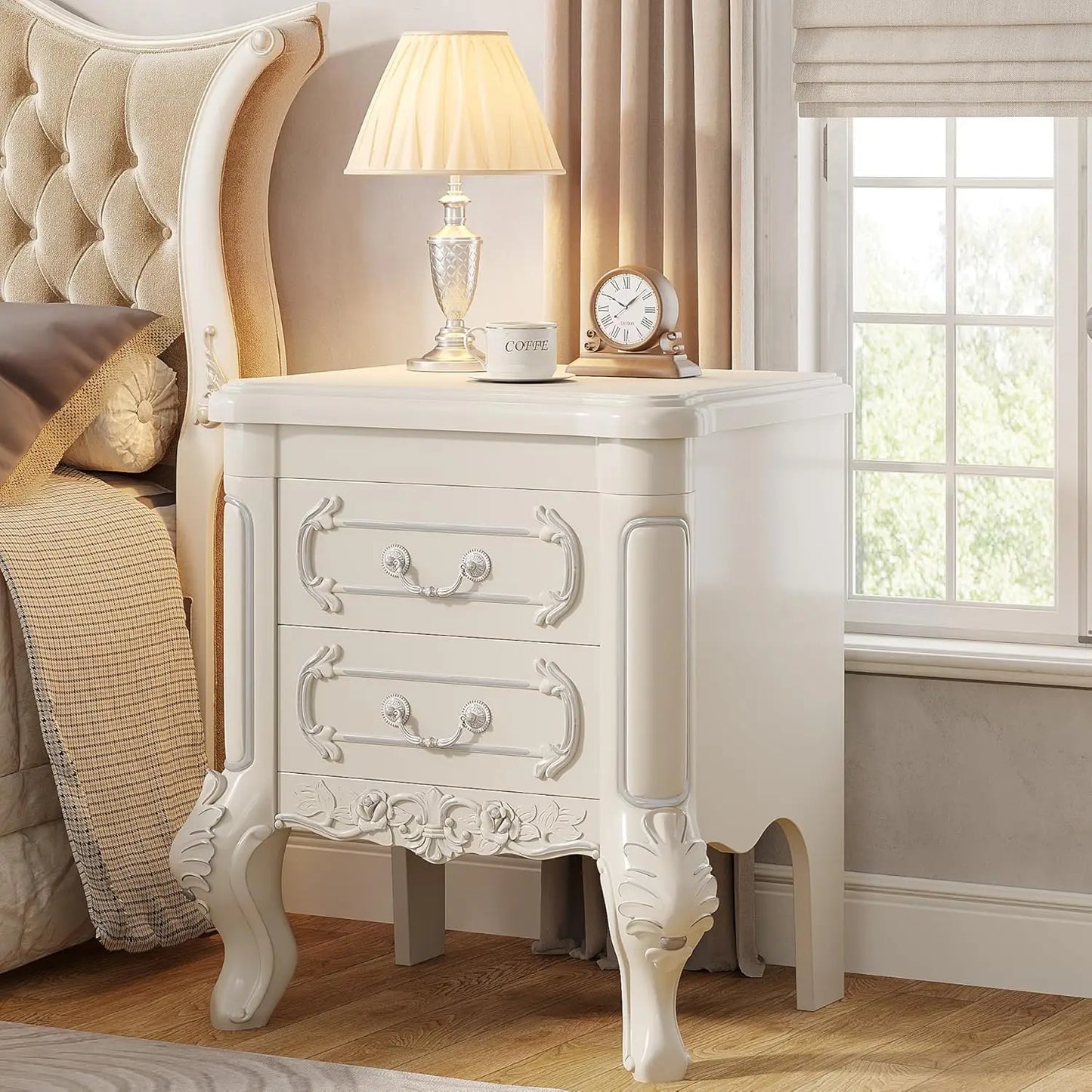 White Carved Nightstand