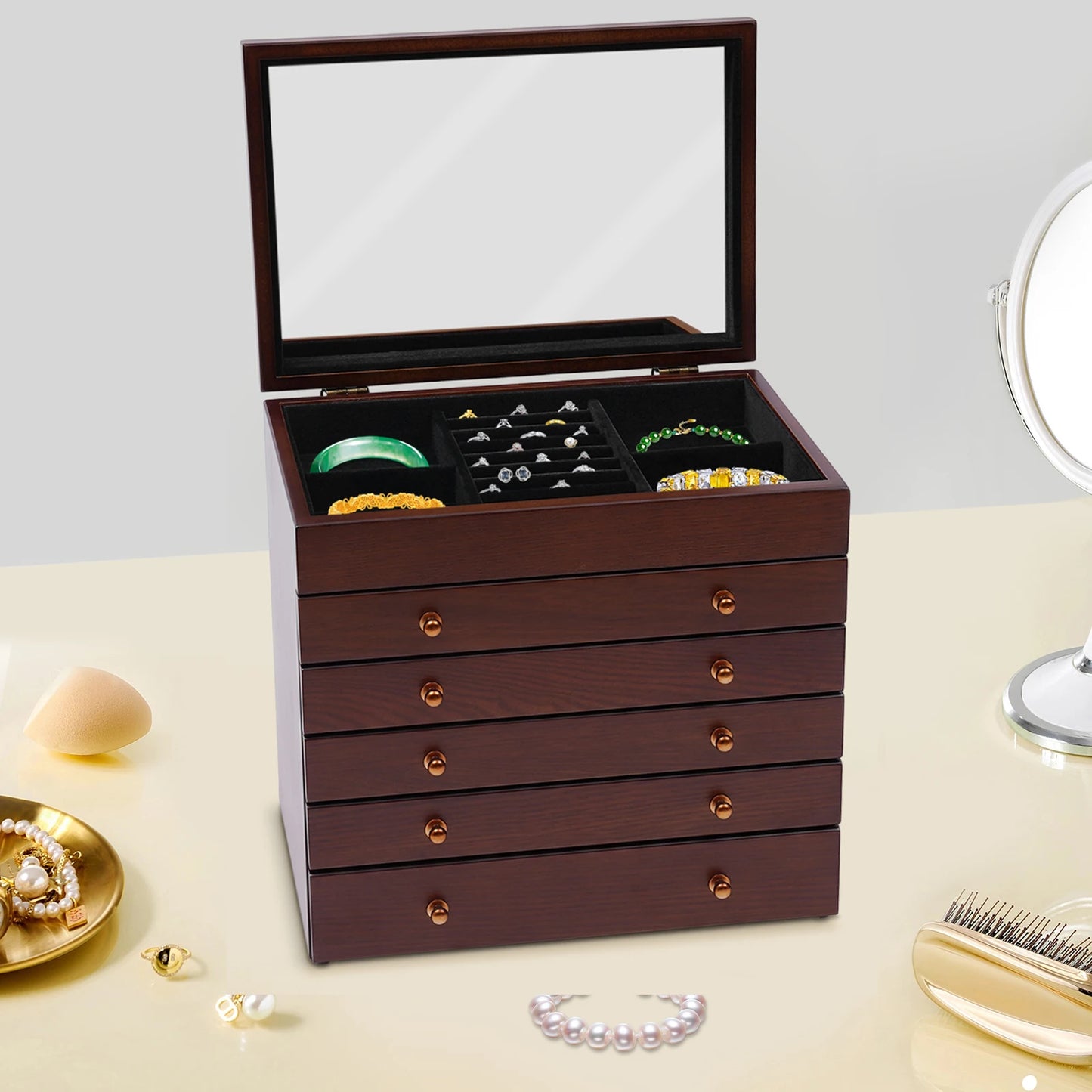 6‑Layer Wooden Jewelry Box with Mirror