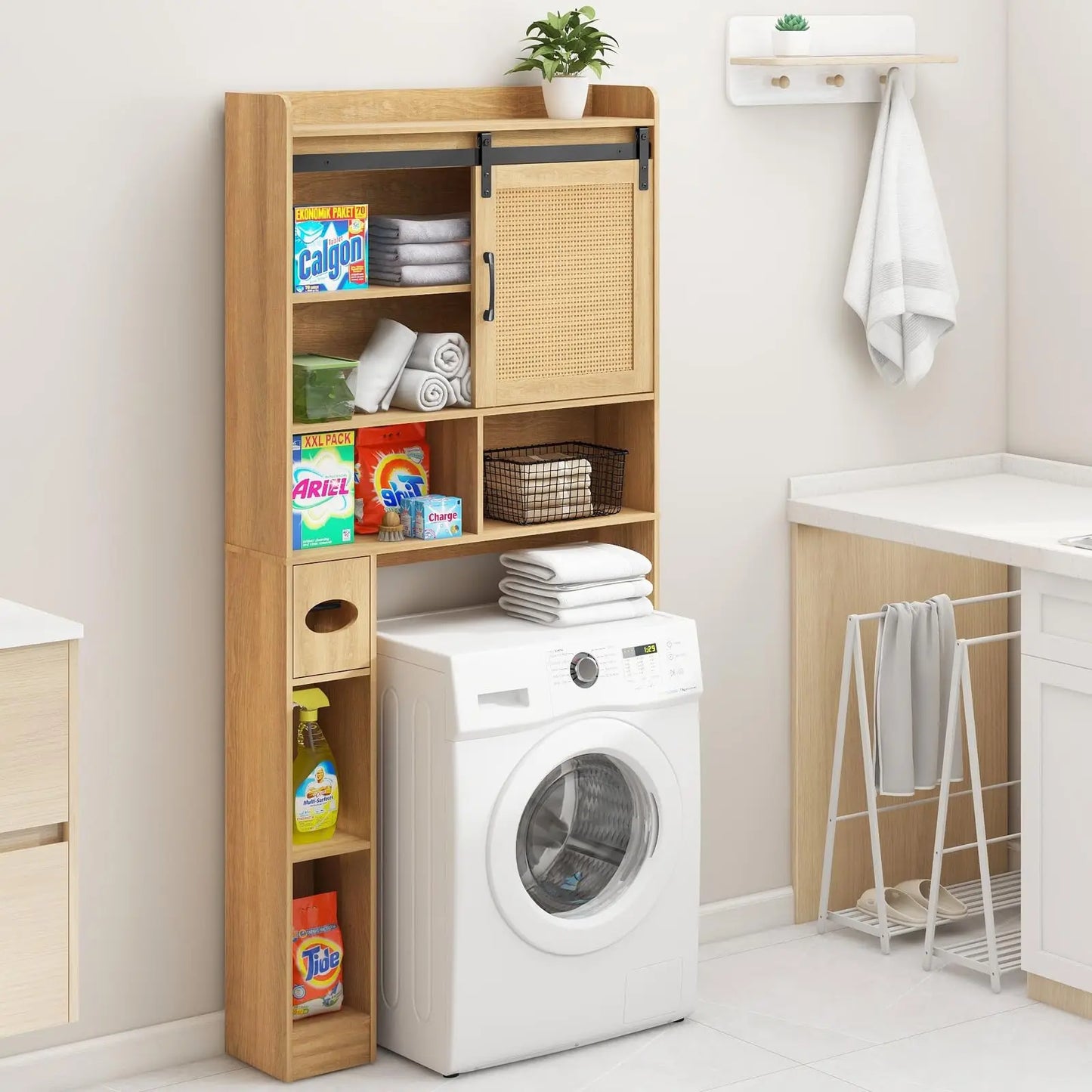 Over the Toilet Storage Cabinet with Rattan Door & Toilet Paper Holder