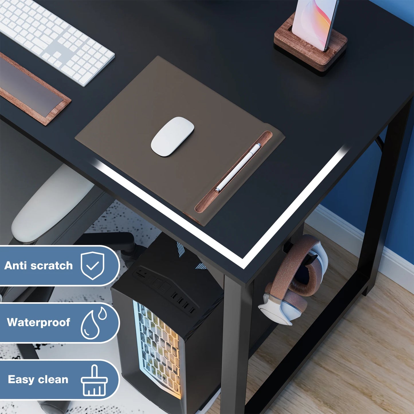 Modern Computer Desk with Side Bag and Headphone Hook