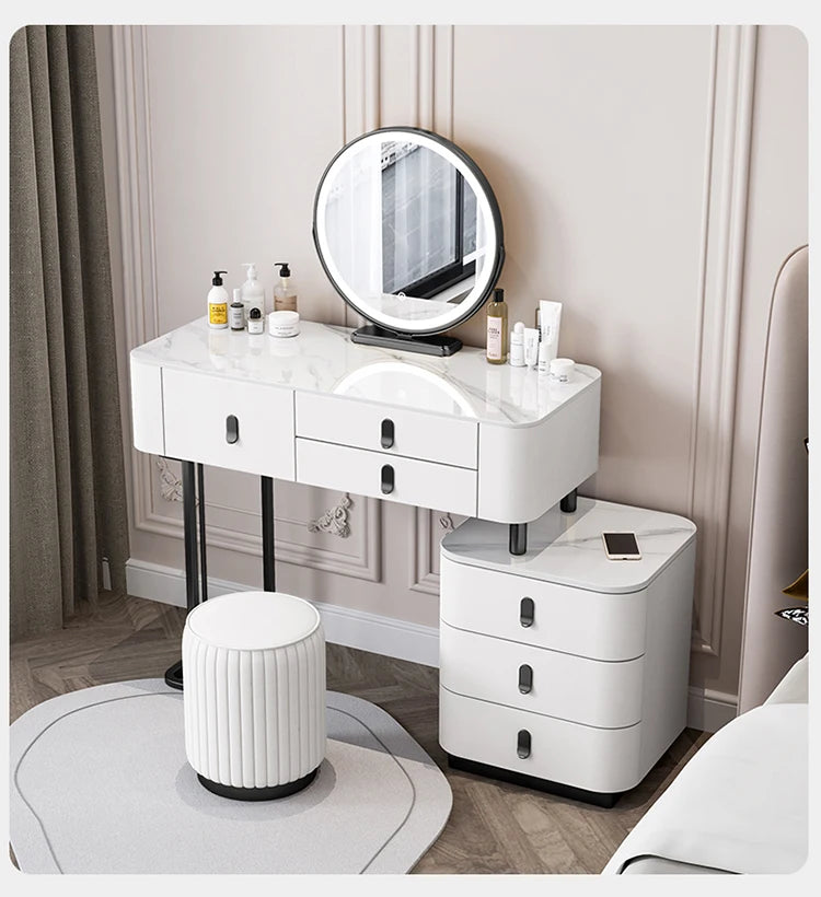 Nordic Vanity Table with Rock Slab Top – Pine Wood Makeup Desk with Mirror