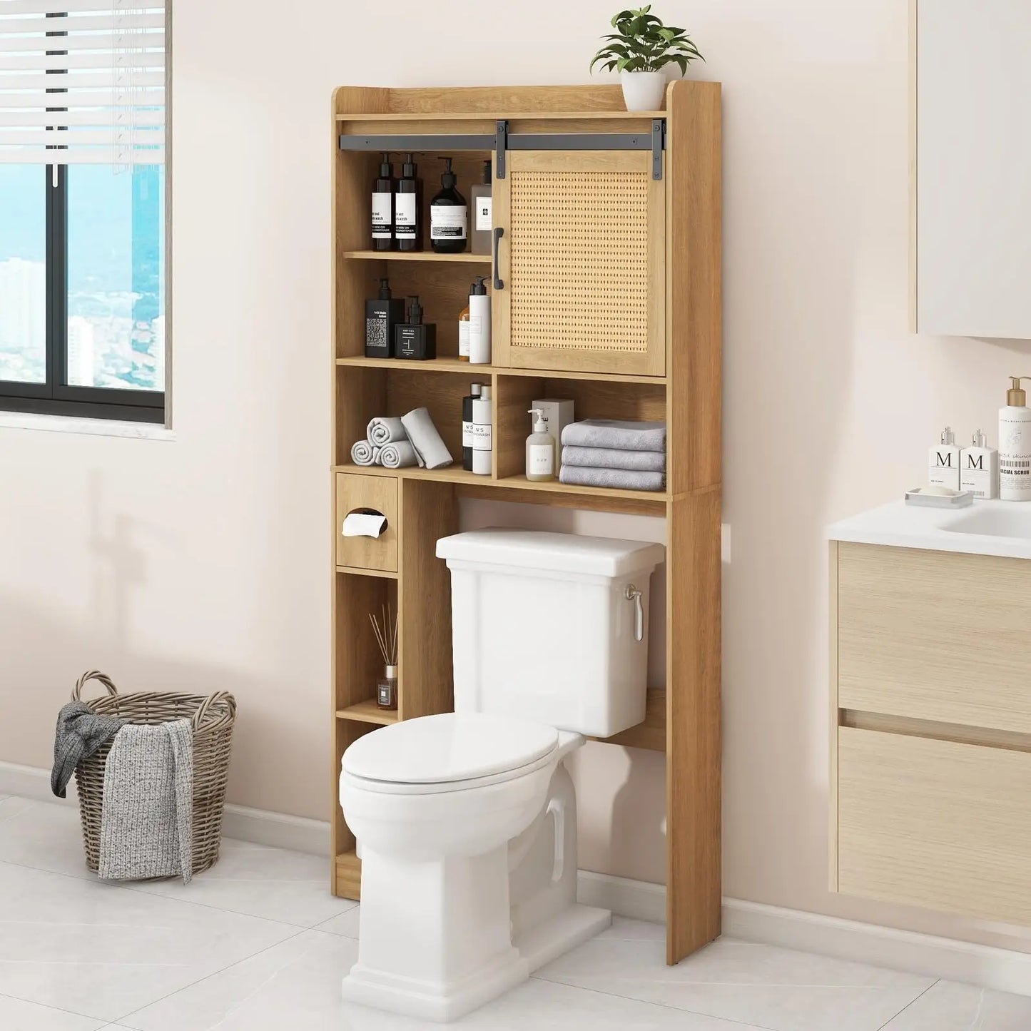 Over the Toilet Storage Cabinet with Rattan Door & Toilet Paper Holder
