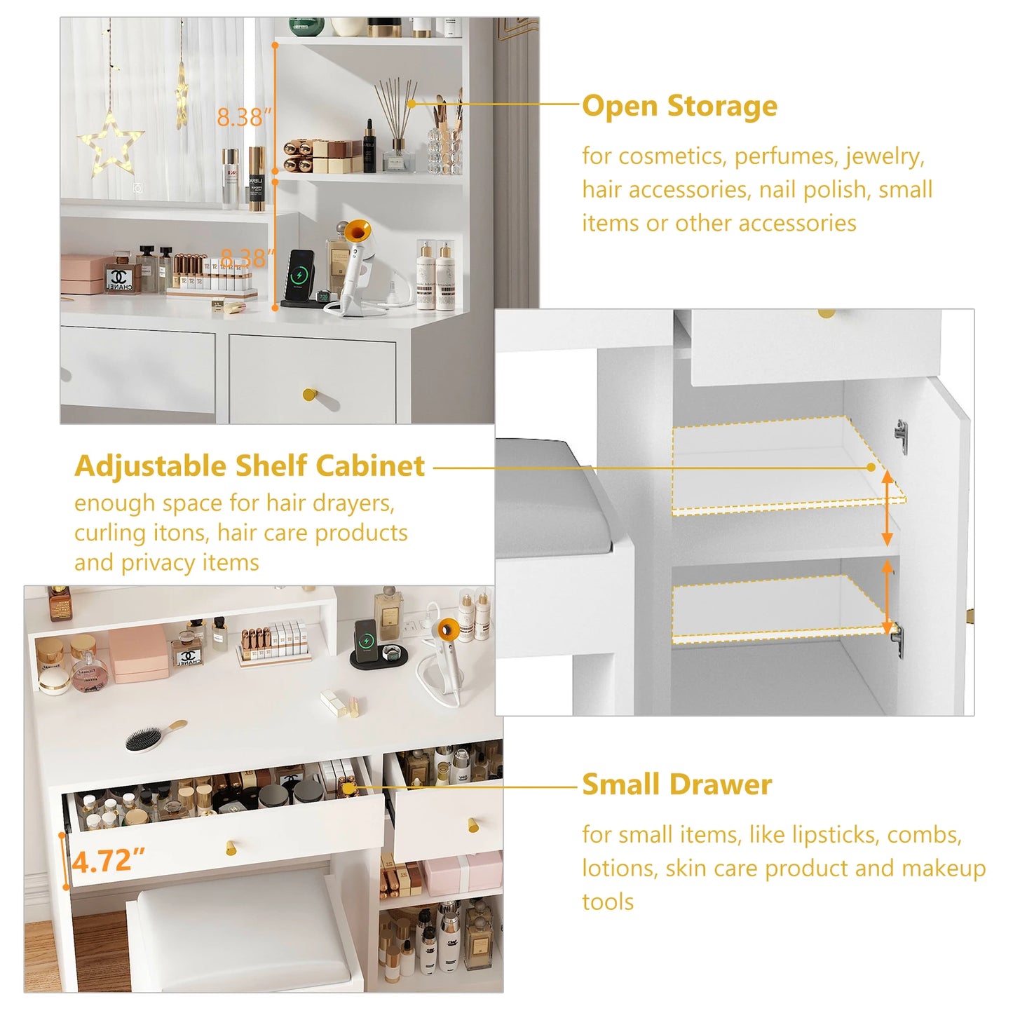 Illuminated makeup table with drawers