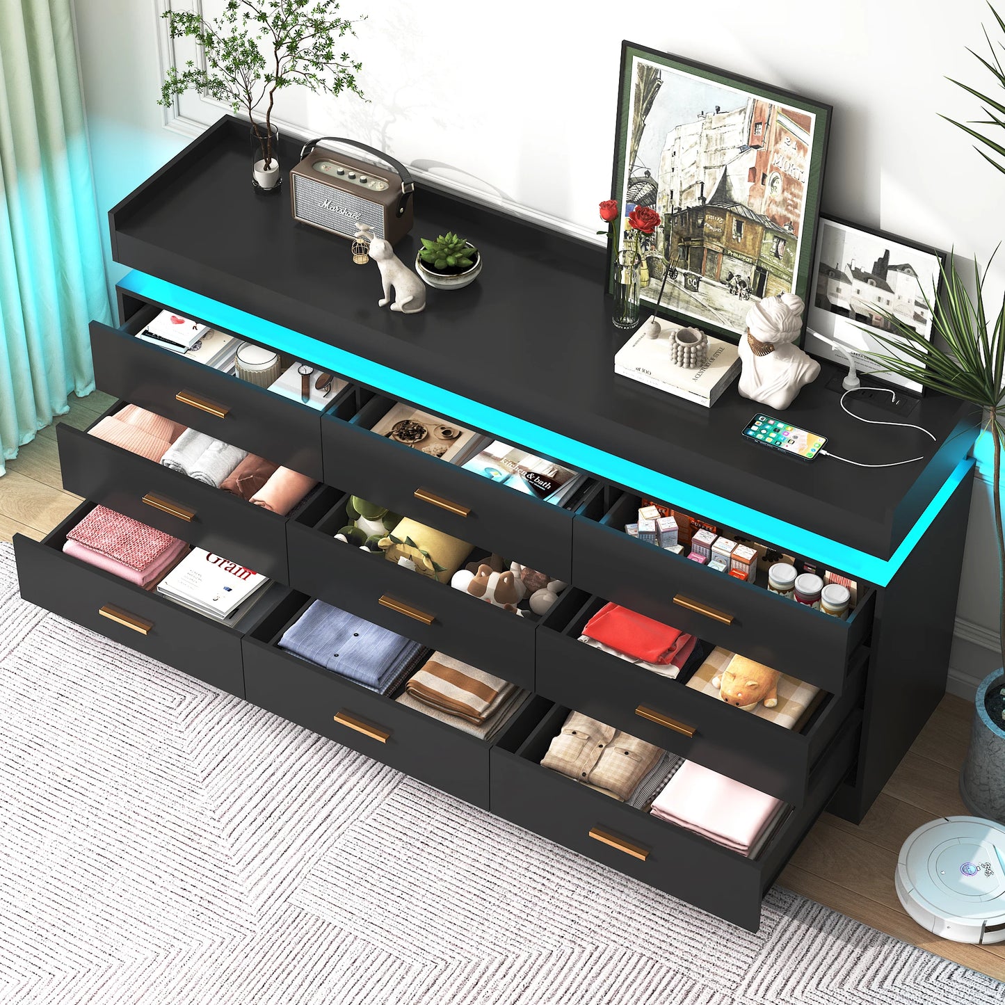 9-drawer chest with LED lighting and charging station