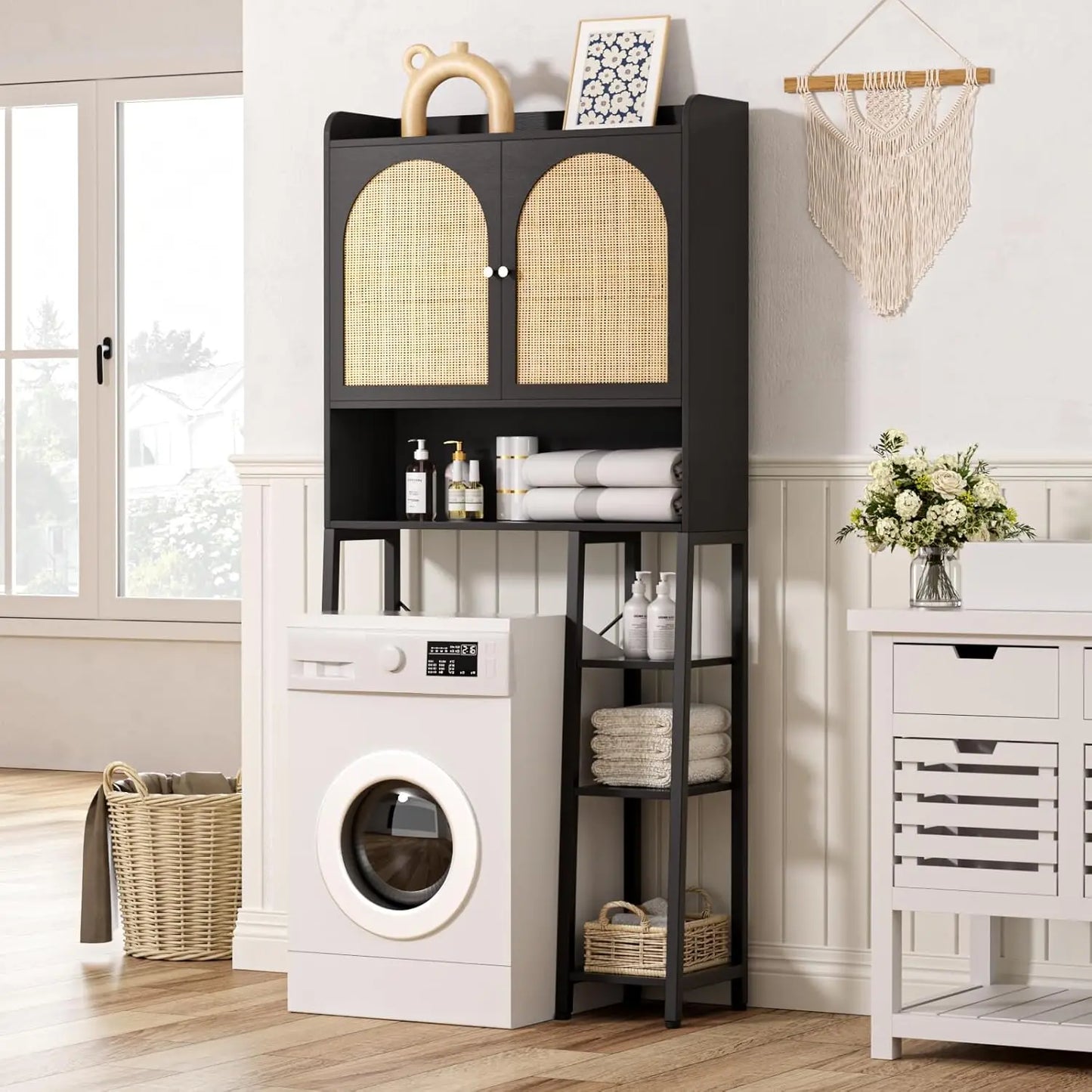 Over The Toilet Storage Cabinet with Rattan Doors & Metal Stand