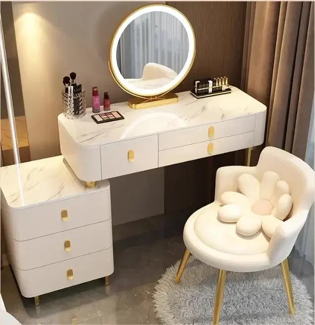 Modern Nordic Vanity Table – Elegant Pine Wood Makeup Desk with Mirror & Stool