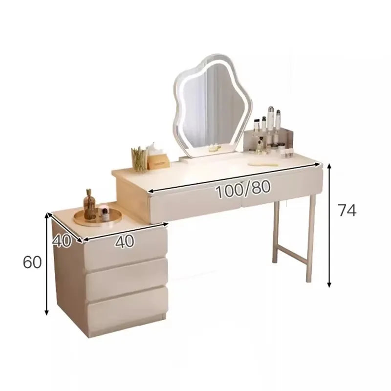 White Vanity Table with Drawers – European Minimalist Makeup Desk with Mirror & Stool