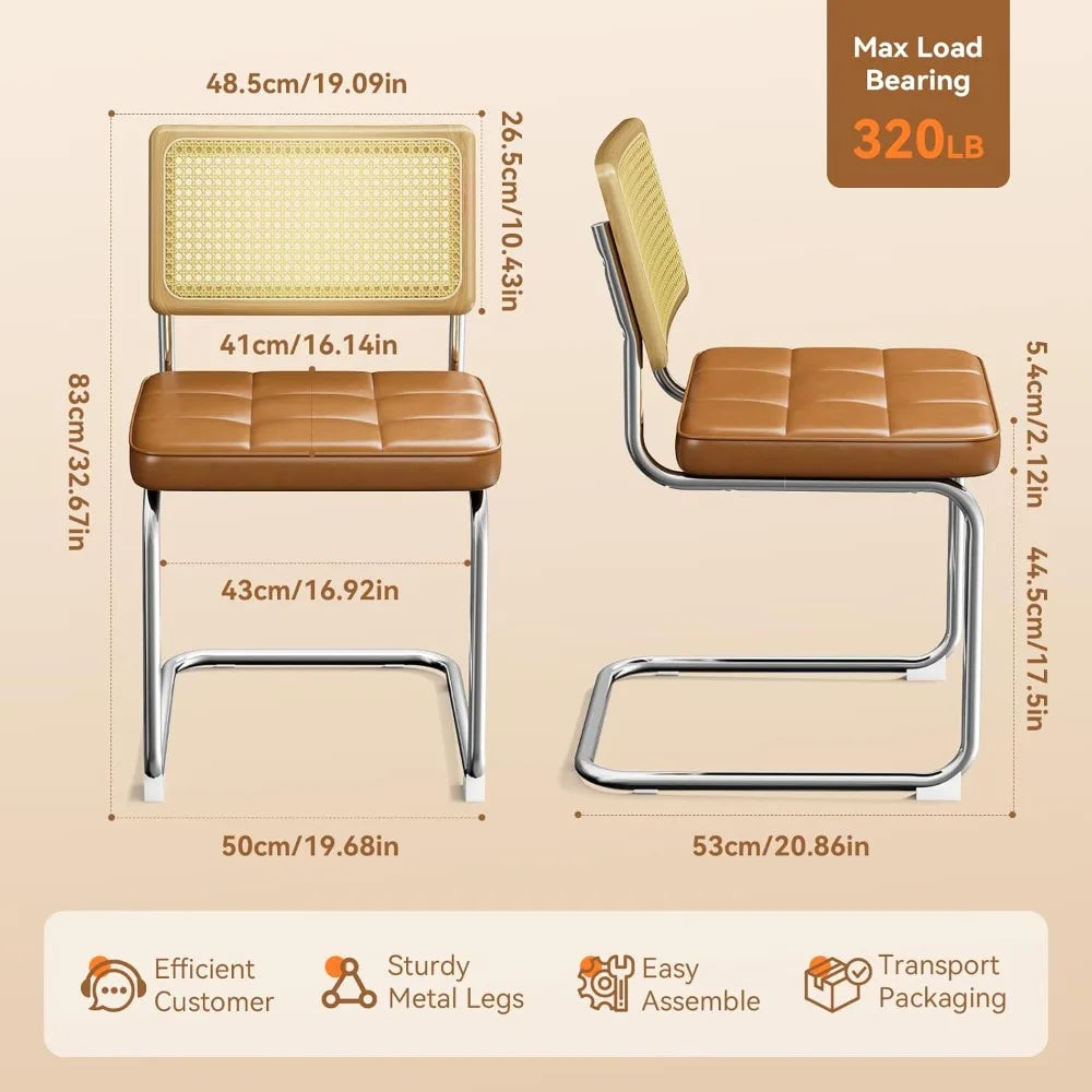 Set of 4 Rattan Dining Chairs – Faux Leather Seat with Cane Back and Metal Legs