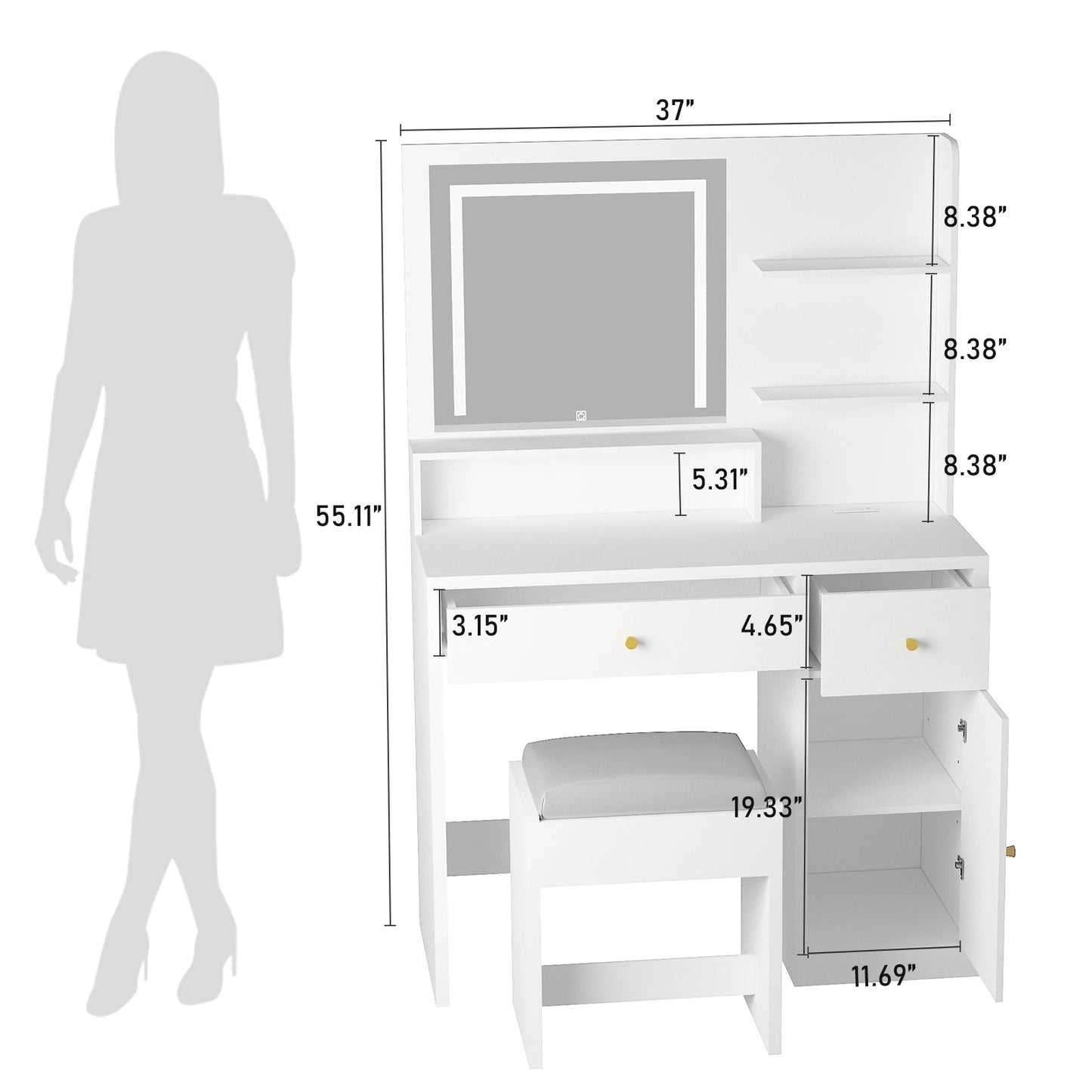 Illuminated makeup table with drawers