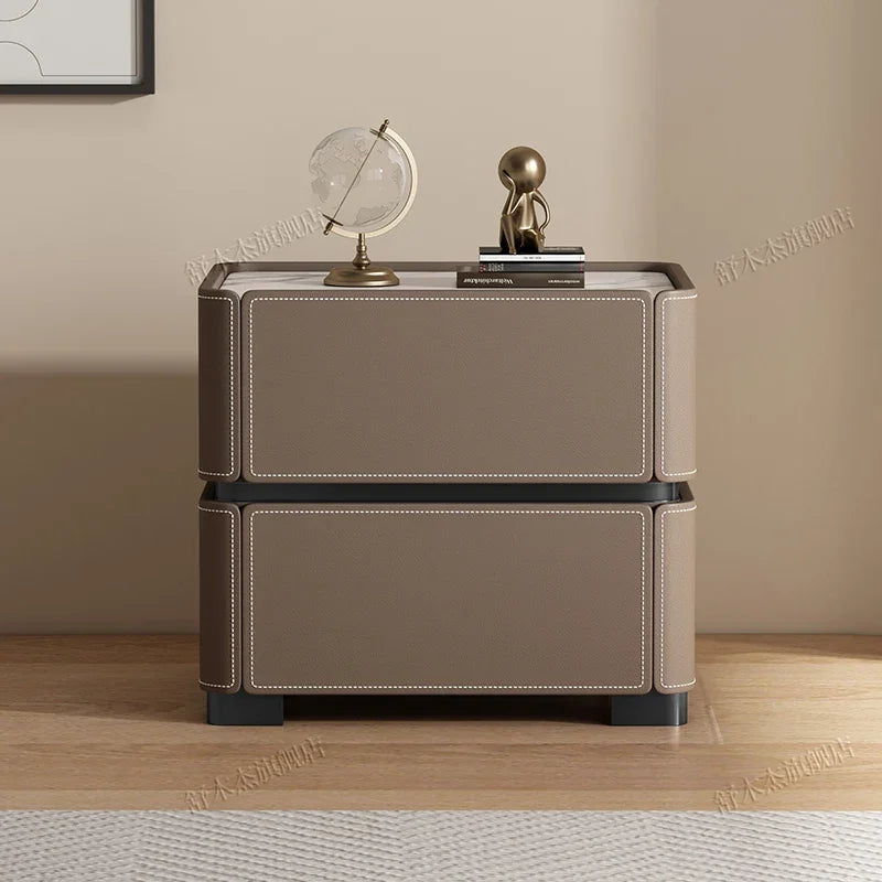 Italian Luxury Nightstand – Modern Wood and Leather Bedside Table with Storage Drawers