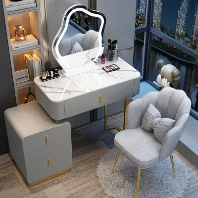 Modern Luxury Vanity Table – Vintage European Makeup Desk with Mirror & Stool