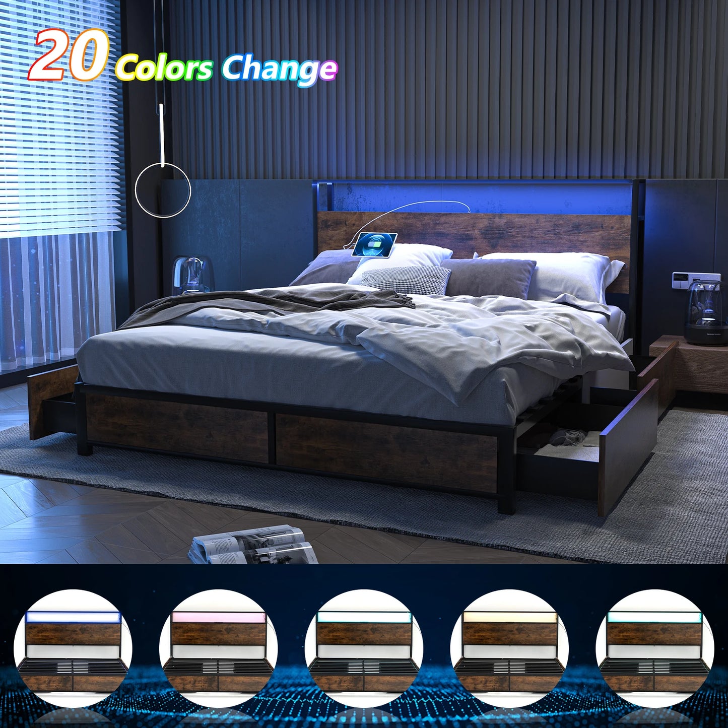 Metal platform bed frame with 4 storage drawers and headboard