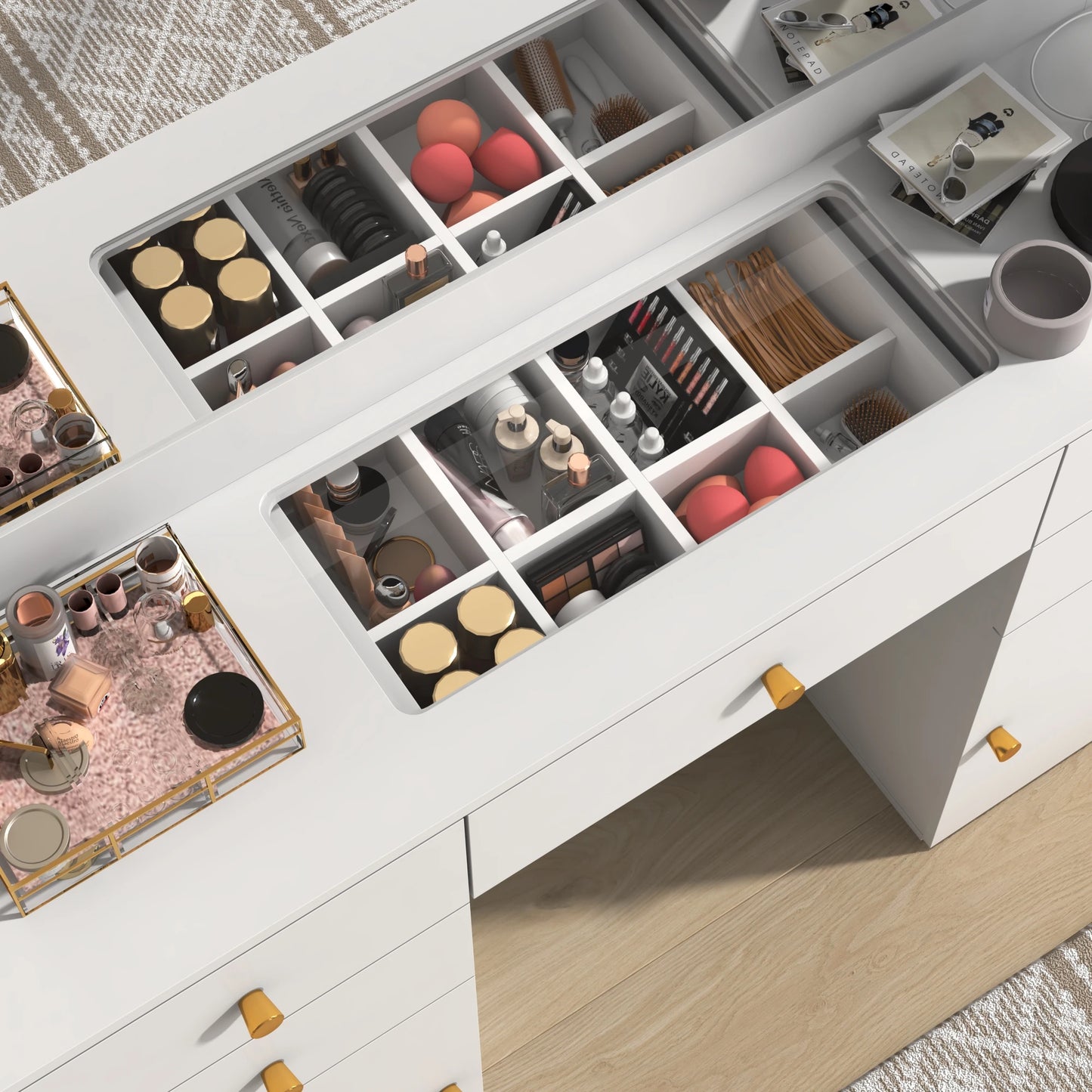 Dressing table with lighted mirror and power outlet