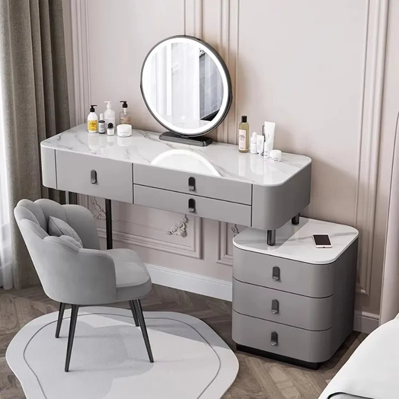 Nordic Vanity Table with Rock Slab Top – Pine Wood Makeup Desk with Mirror