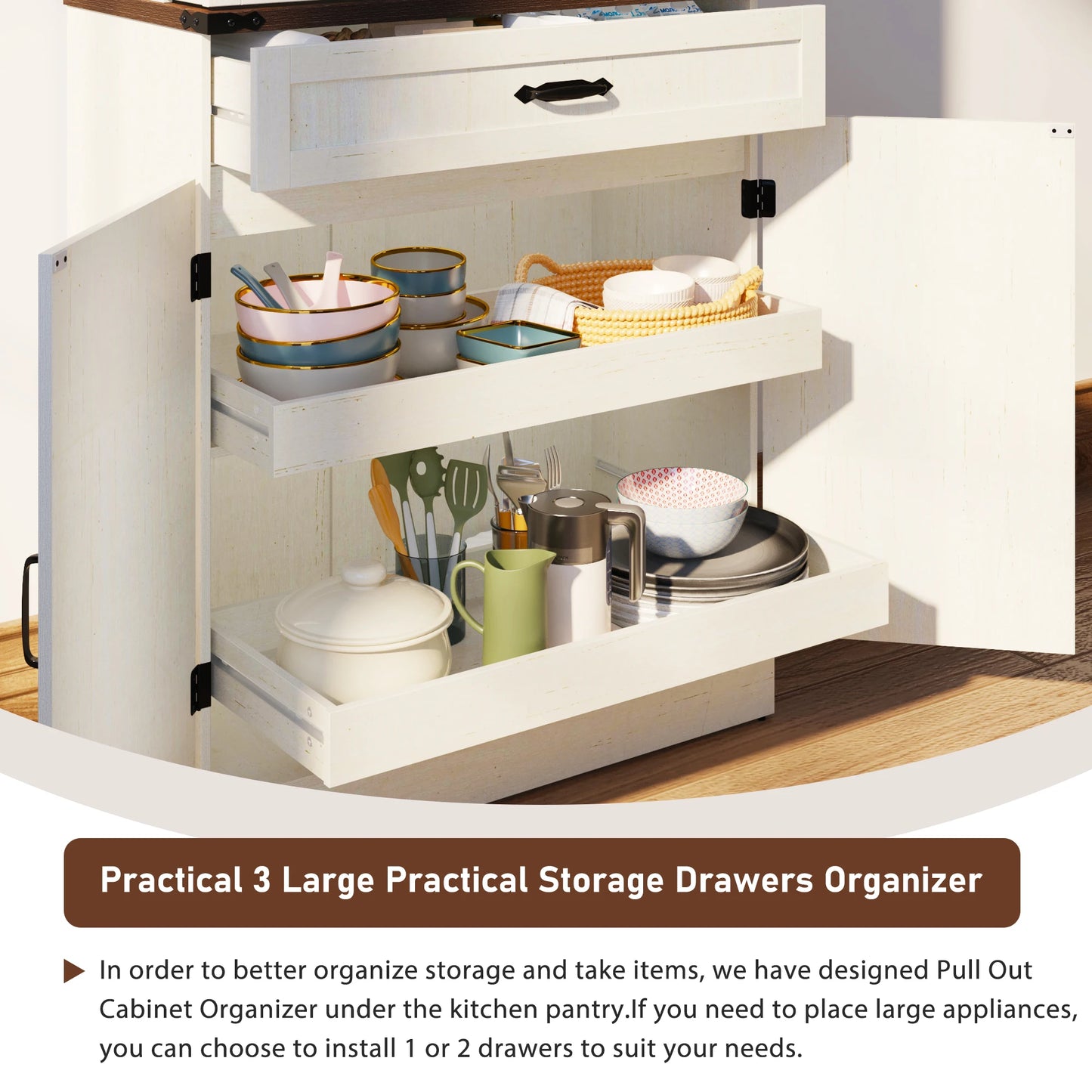 Kitchen Pantry Cabinet with 3 Drawers with 6 Barn Door