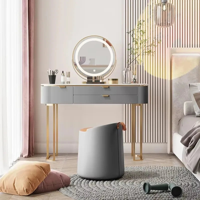 Modern White Vanity Table – Elegant Makeup Desk with Mirror & Stool