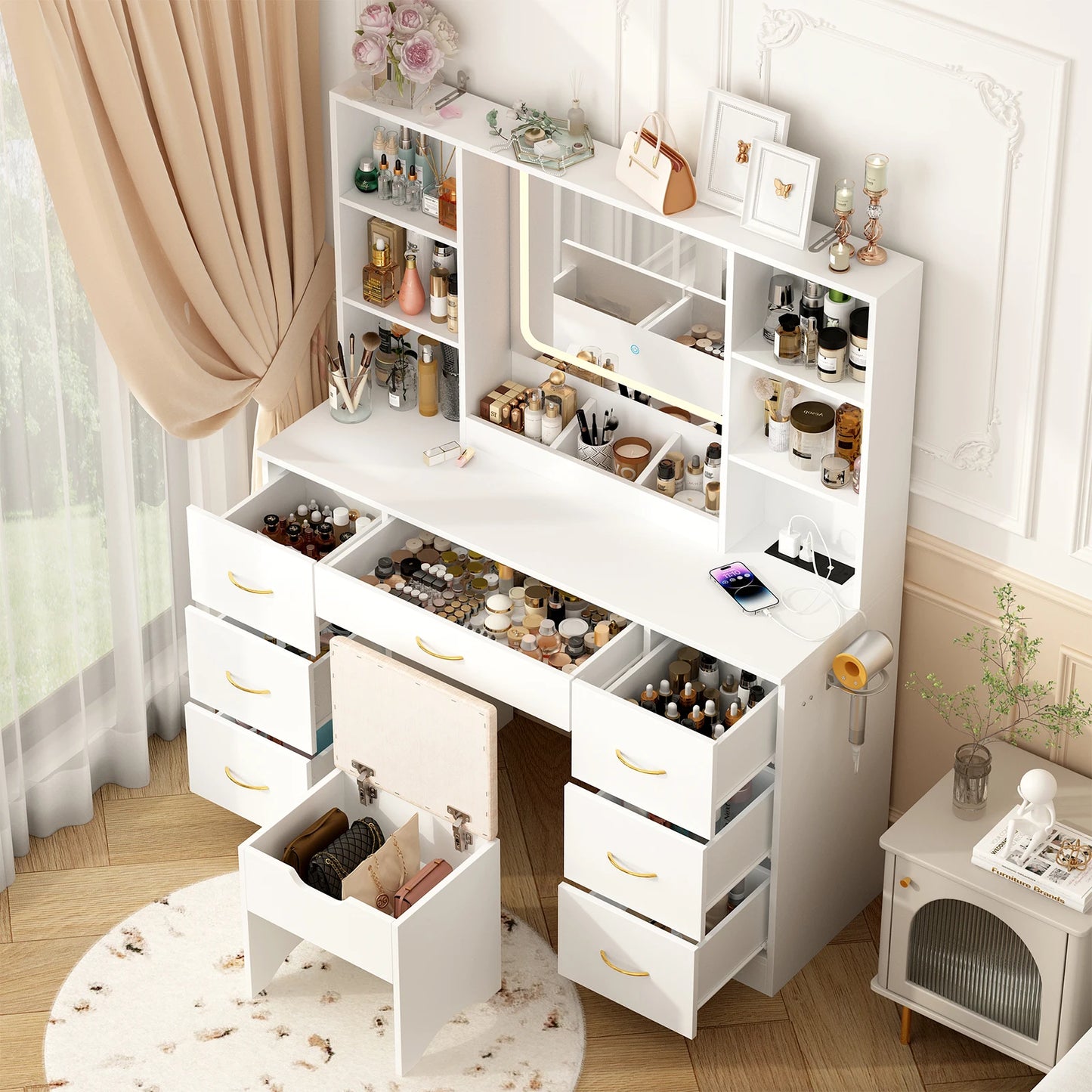 Large dressing table with mirror, lights and bench