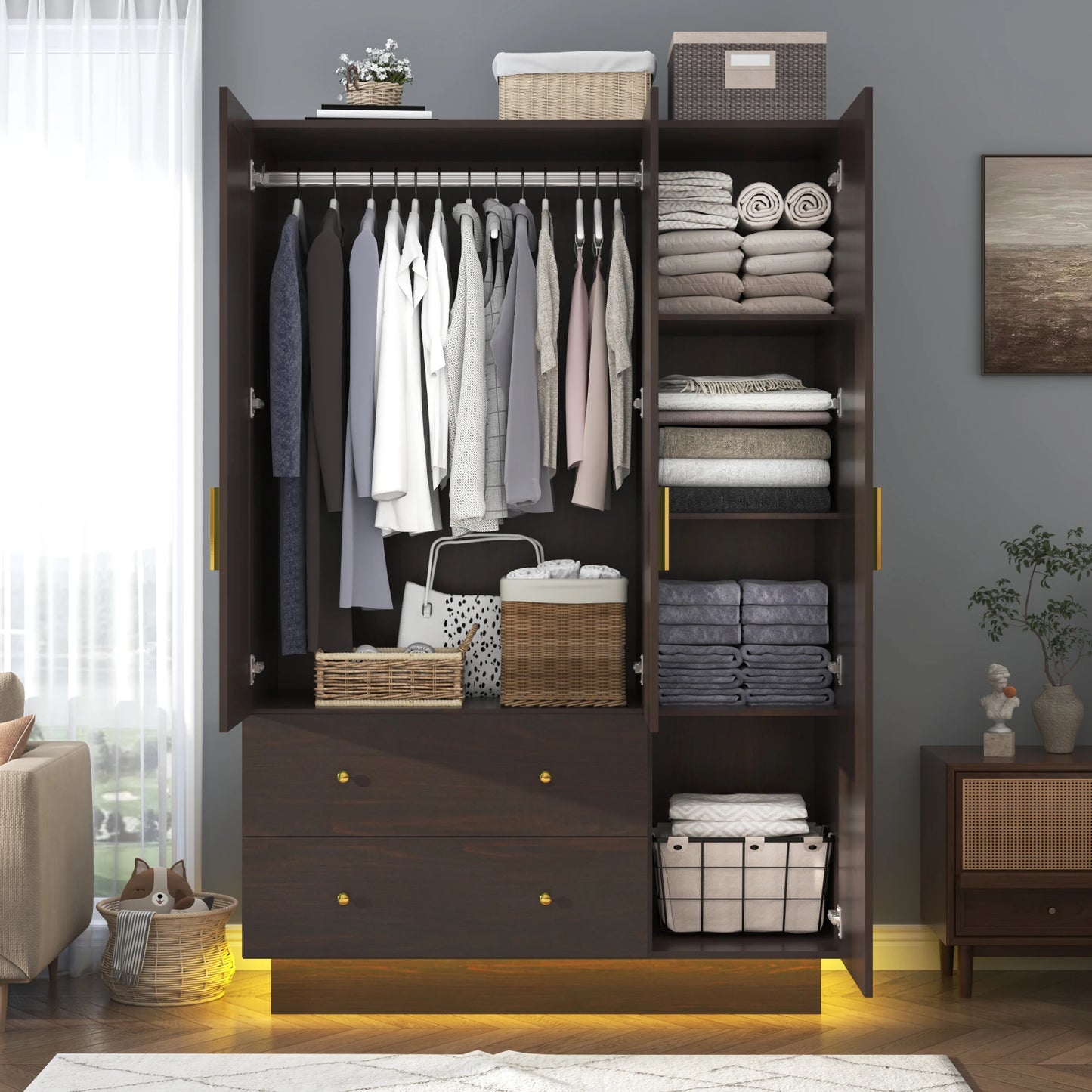 Modern wooden wardrobe with hanging rod for bedroom