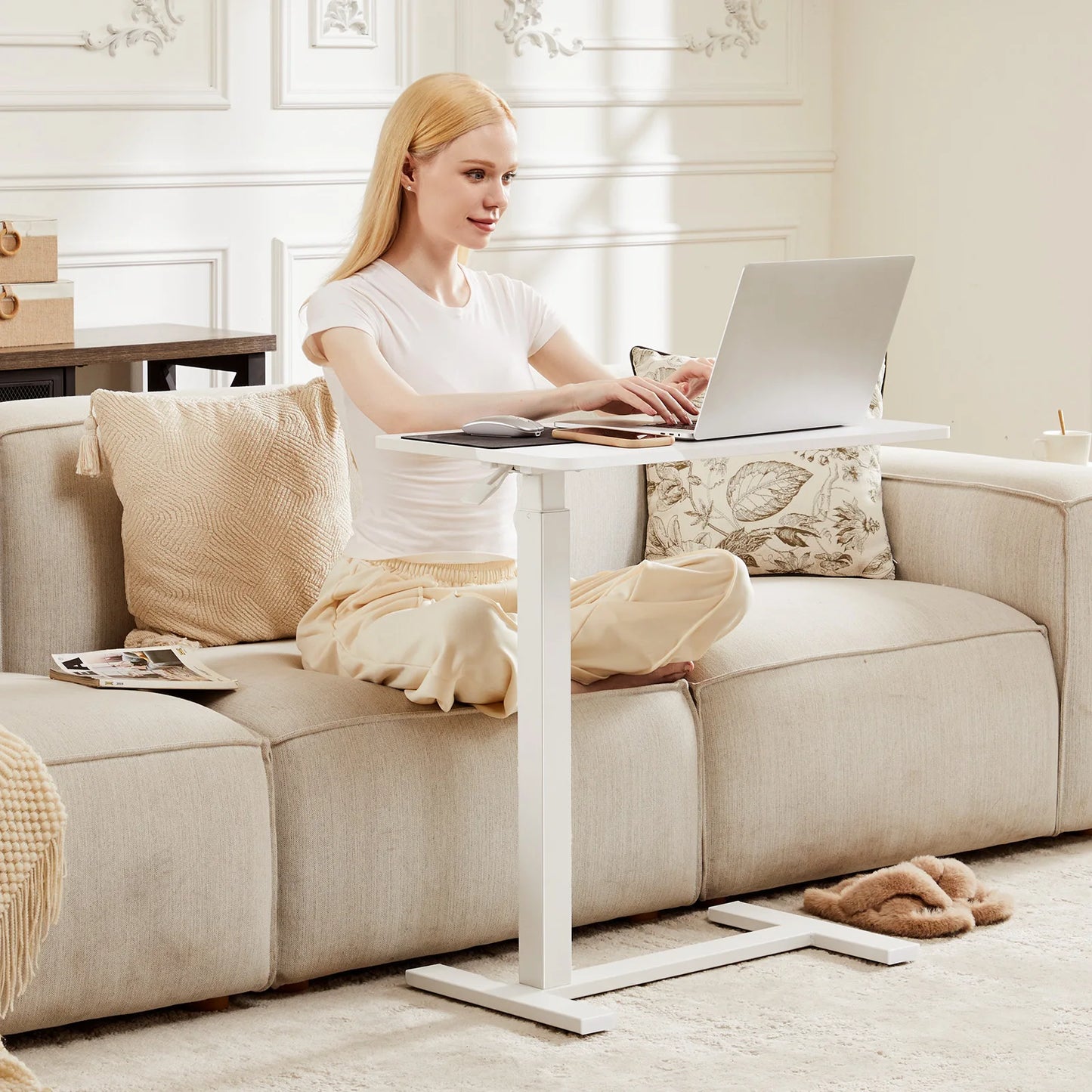 Overbed Bedside Sofa Table with Hidden Wheels