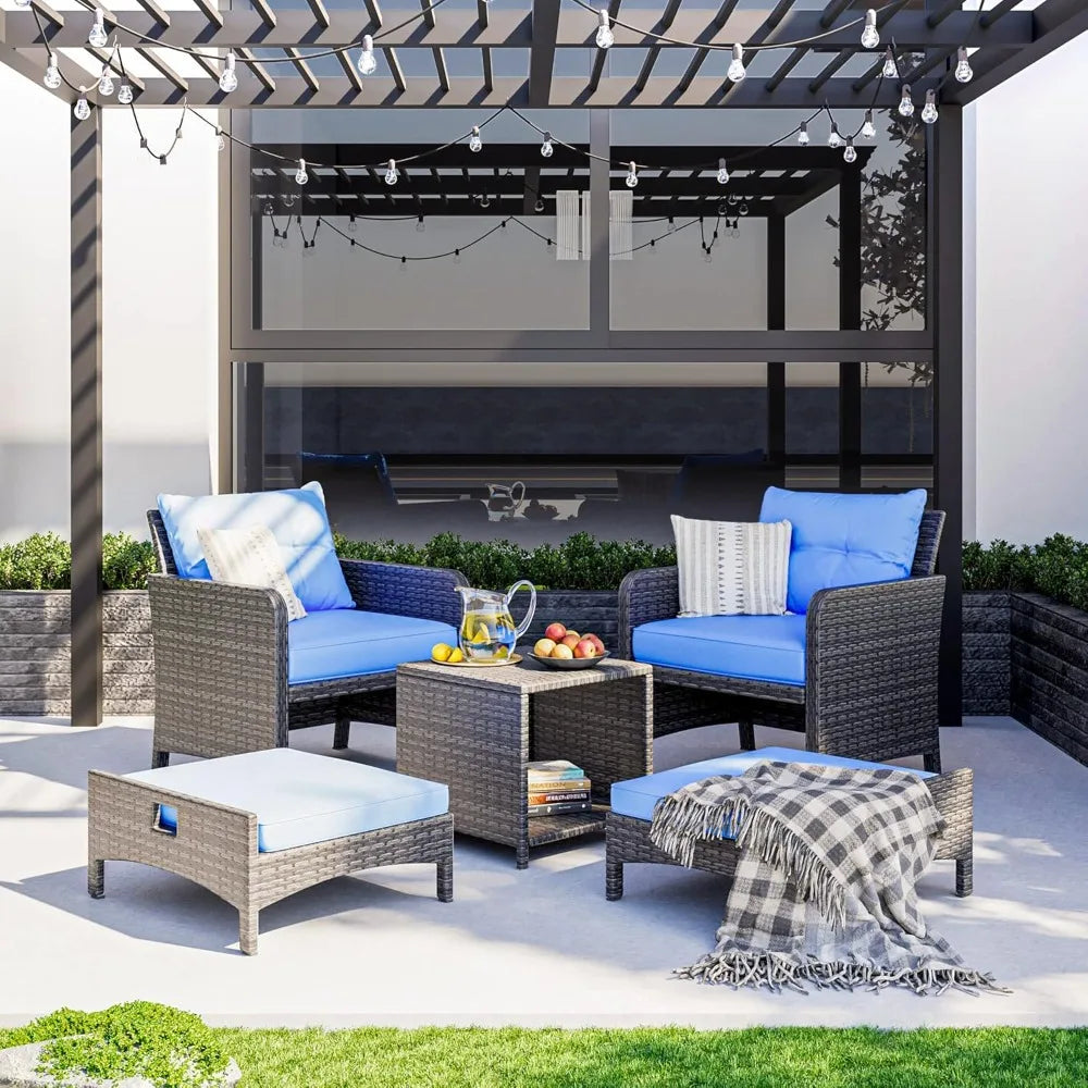 5-Piece Wicker Patio Set with Ottomans